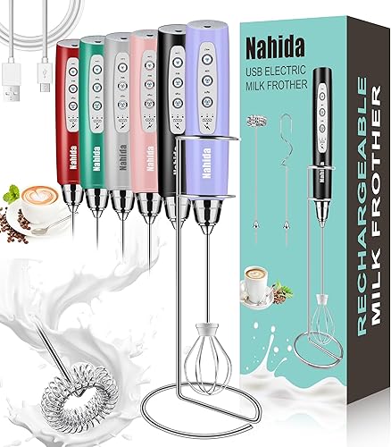 Nahida Espumador de leche de mano para café con soporte, mezclador de espuma de bebida recargable con 3 cabezales, 3 velocidades, agitadores