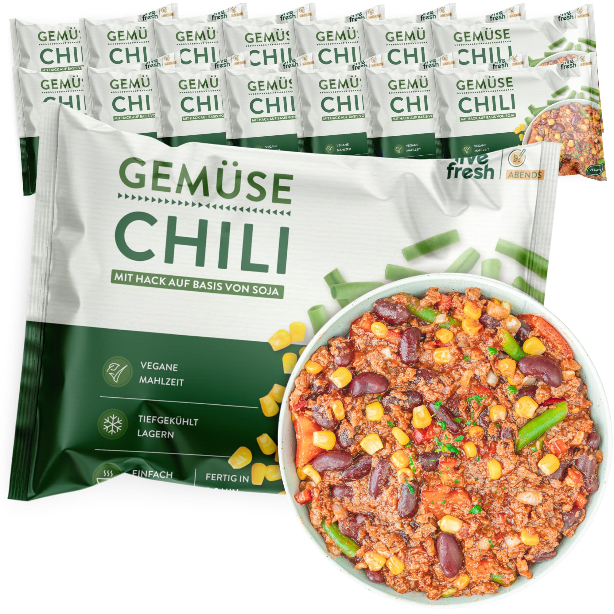 LiveFresh Gemüse Chili | 14 x 400g vegane Diät Feriggerichte | Low Carb Lebensmittel mit 26g Protein und nur 340 kcal pro Portion | Schnell zubereitet | Schonend schockgefrostet