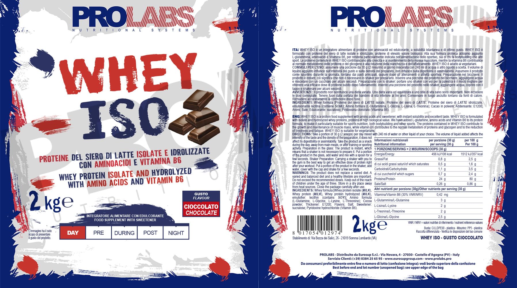 PROLABS – Proteine in Polvere WHEY ISO, Proteine Isolate e Idrolizzate Pure, Whey Protein Powder + Aminoacidi e Vitamina B6 - Crescita e Recupero Muscolare, Alta Qualità, 2kg Cioccolato, 2 Scoop (30g)