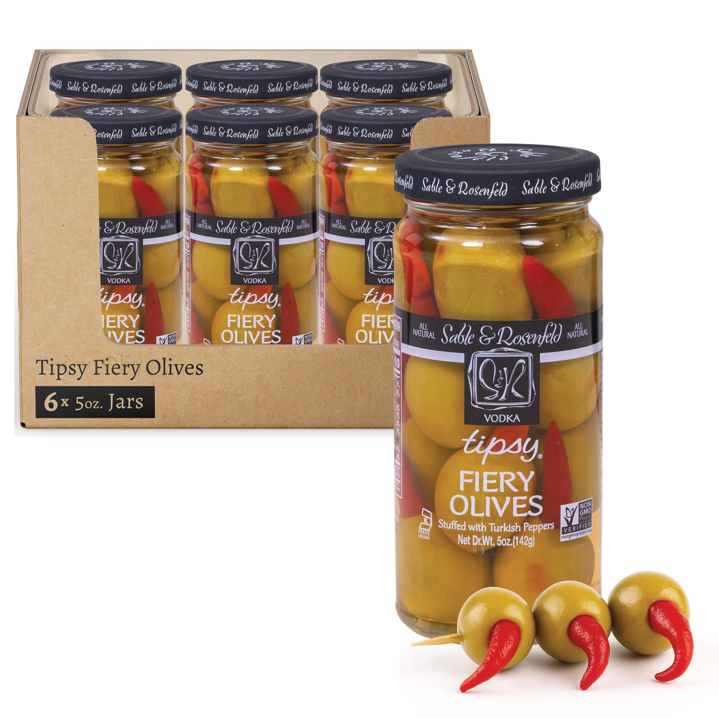 Sable & Rosenfeld Vodka Tipsy Fiery Olives 5 oz Jar (Pack of 6), Green Olives Stuffed with Turkish Peppers, Kosher, Gluten-Free Cocktail Garnish