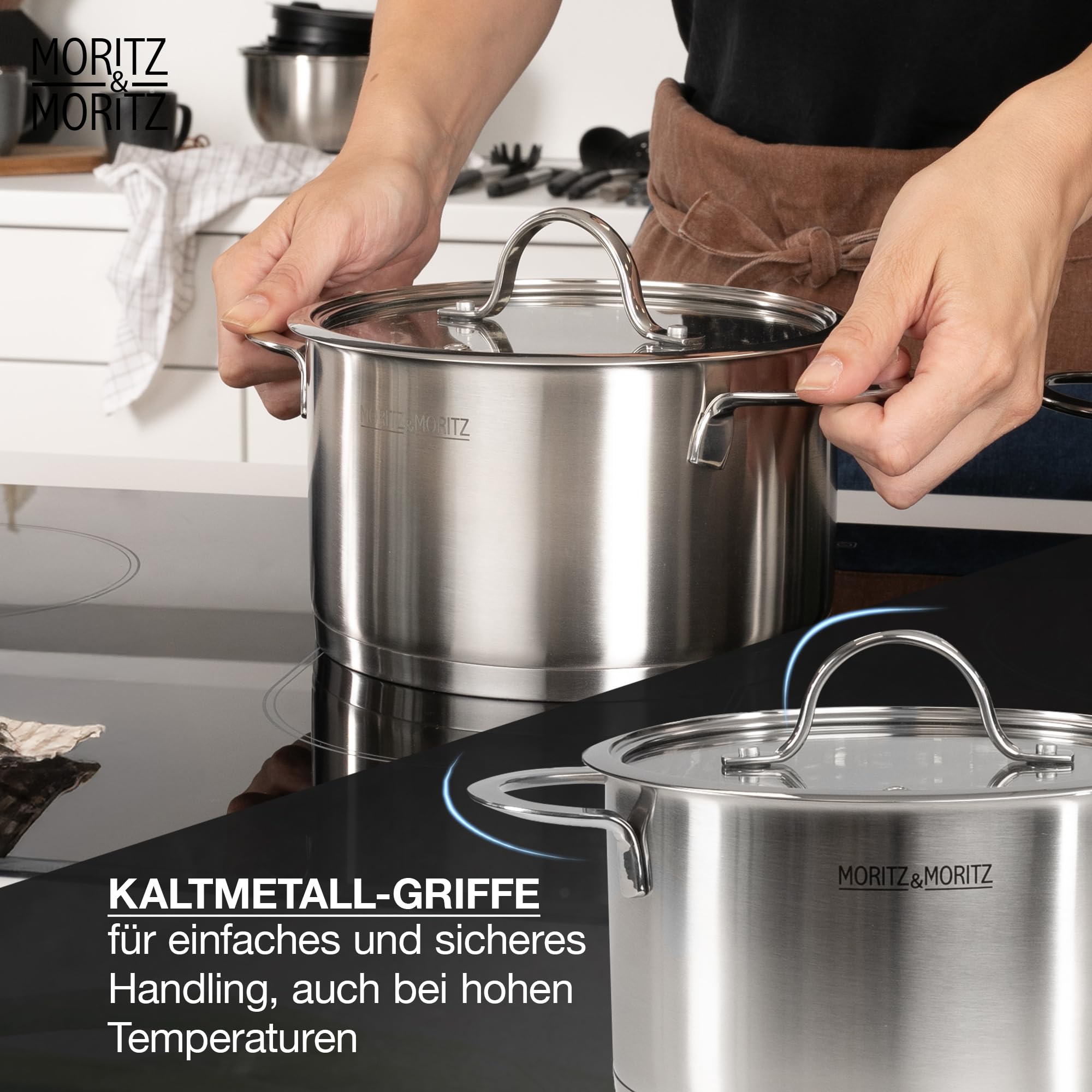 Moritz & Moritz 5-teiliges Kochtopfset inkl. 4 Glasdeckel - Edelstahl Topfset Induktion & alle Herdarten - stylische Töpfe mit Deckel & Stielkasserolle - Geeignet für Spülmaschine & Backofen
