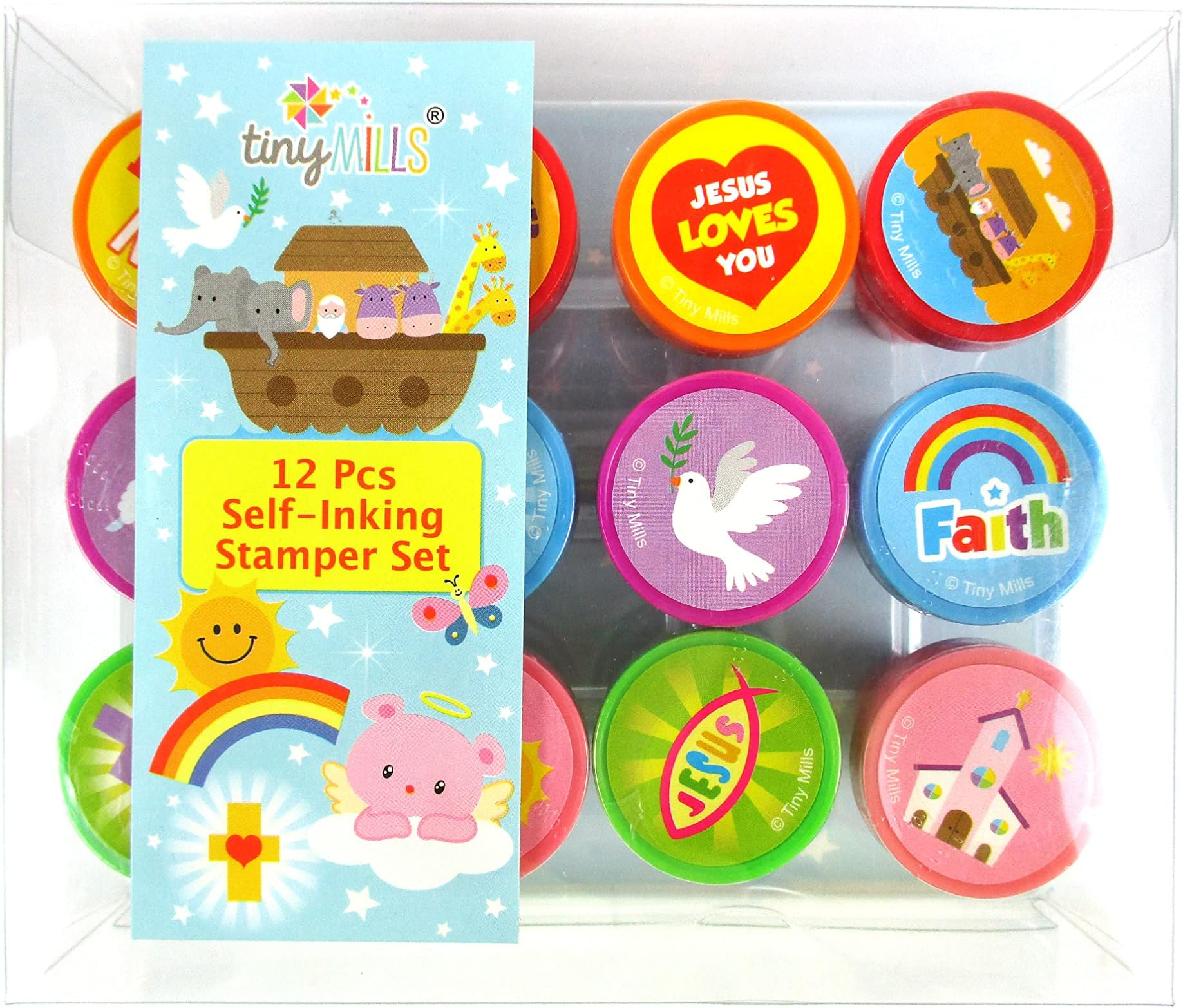 TINYMILLS 12 Pcs Religious Stamp Kit for Kids - Religious Christian Self Inking Stamps Gift Party Favors