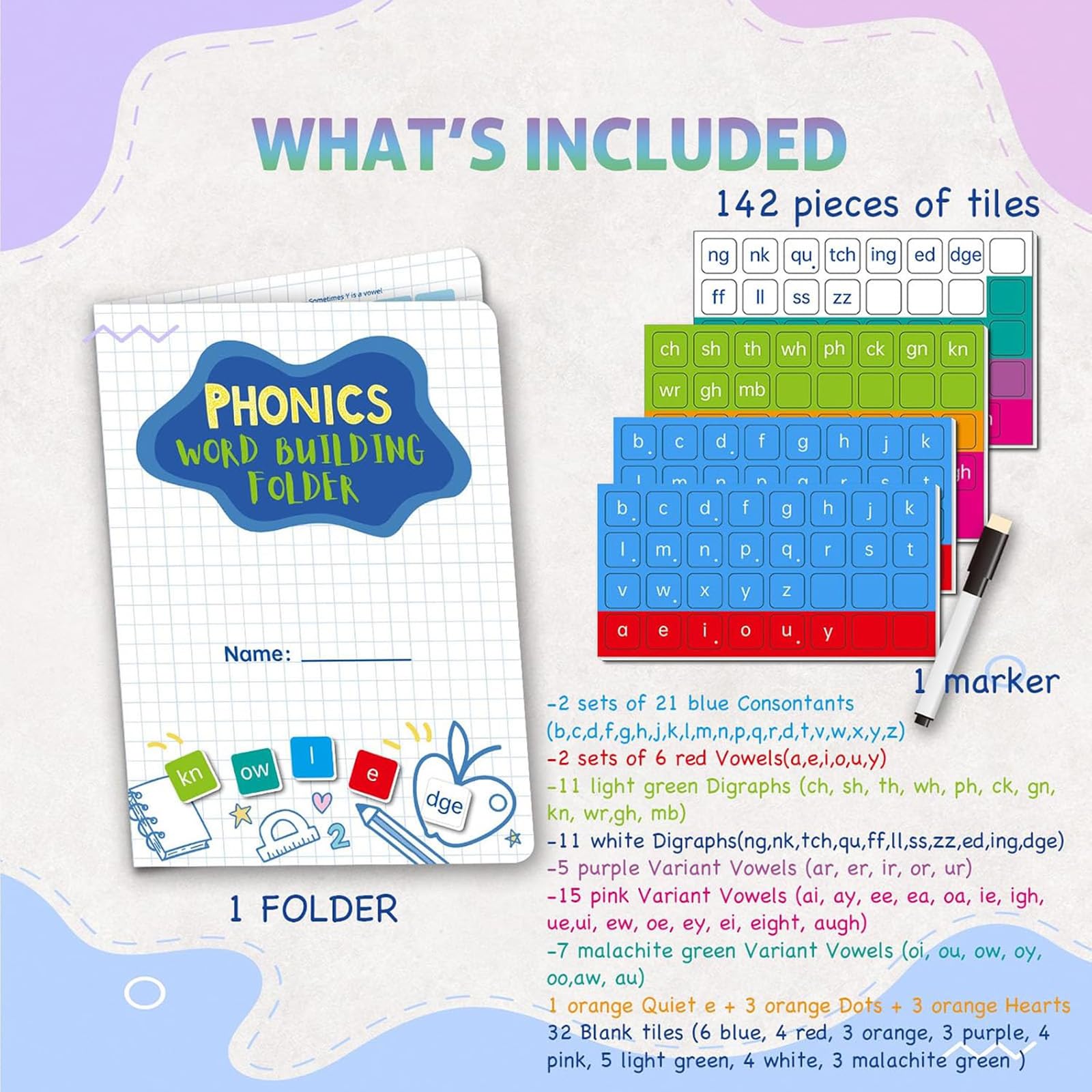Kit di carte fonetiche magnetiche con 142 magneti e penna, tessere magnetiche per lettere fonetiche, set di costruzione di parole per alfabeto e vista, per parole, digrammi e vocali (3pcs)