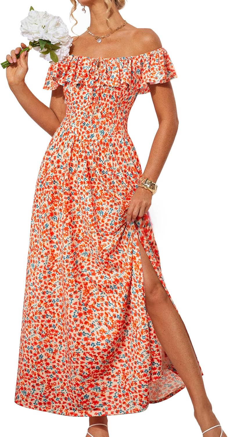 GRACE KARIN 2025 Womens Maxi Dresses Summer Off Shoulder Floral Dress Ruffle Split Beach Flowy Boho Wedding Guest Dress