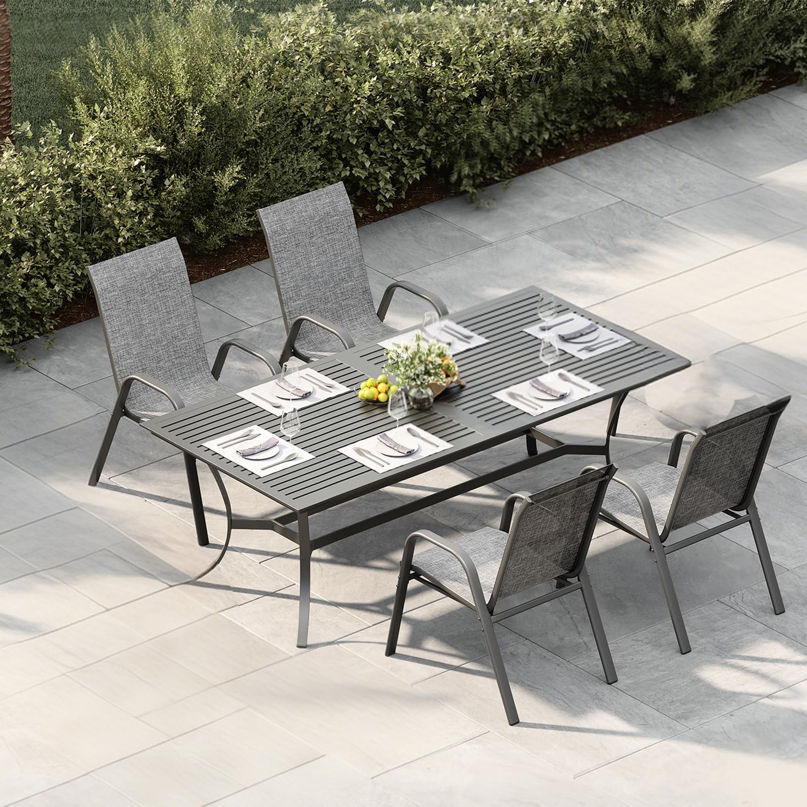 Litake Set 4 Sillas Apilables de Jardín Exterior, Sillas de Metal y Textileno con Respaldo Alto y Reposabrazos, Preensambladas, Estructura Anticorrosión, para Terraza Patio Balcón, Gris