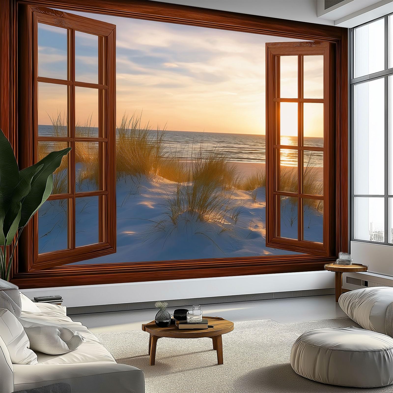 Photography Wooden Window Sand Dunes Wallpaper Bedroom Kids Boys 3D Wallpaper Mural, White Kids Teens Room Poster Photo Wall Mural Themed Room Playroom 350 x 256 cm