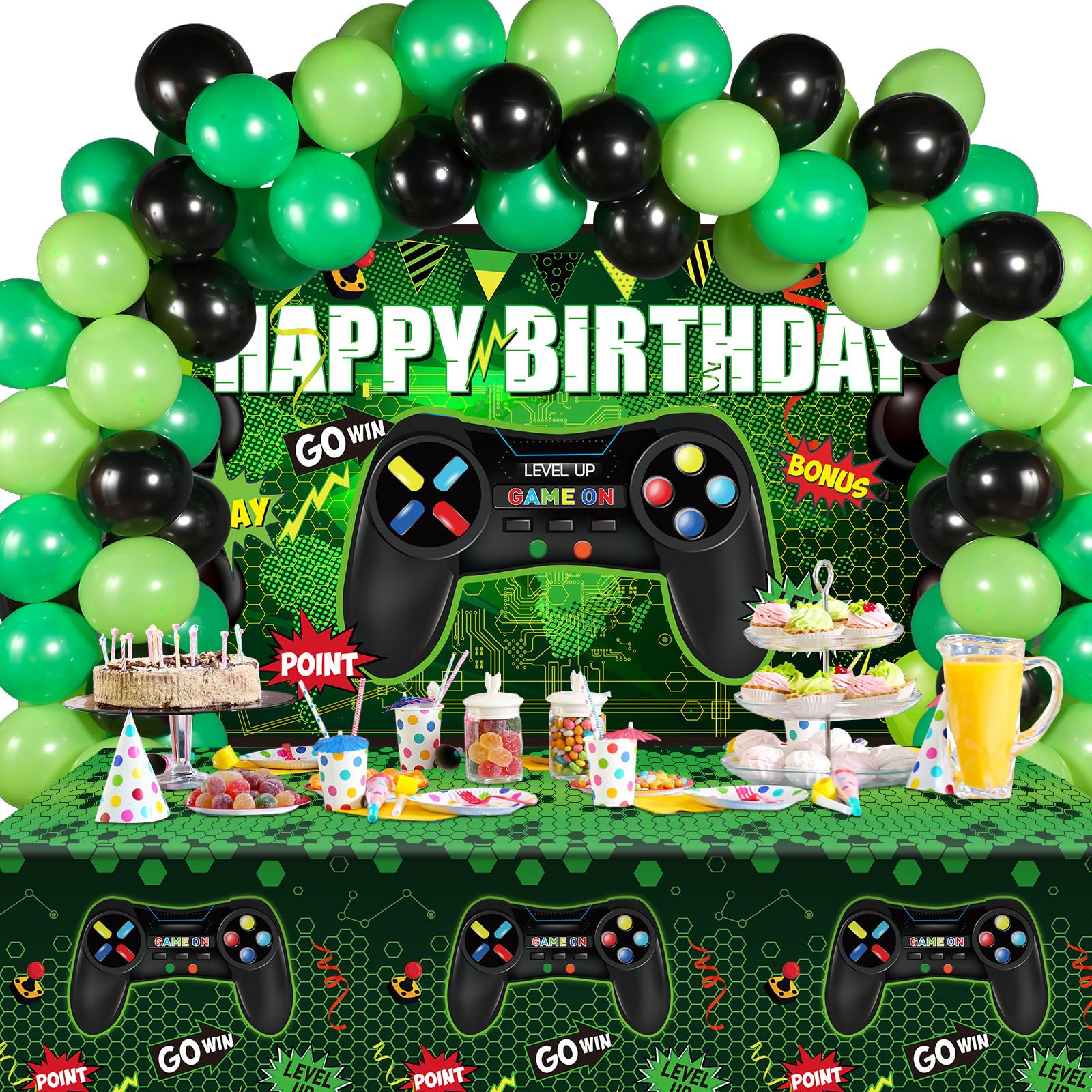 Video Game Birthday Party Decorations Set Gaming Happy Birthday Supplies Includes Video Game Backdrop, Table Covers, Balloons and Foil Gamer Balloons