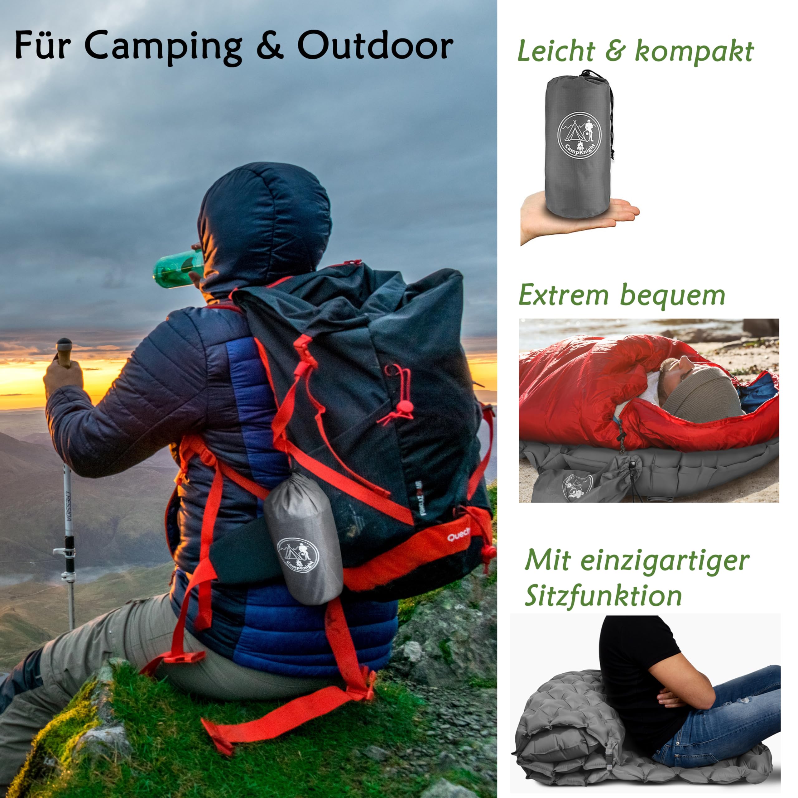 2-in-1 Isomatte für Outdoor und Camping + Ultraleicht und Kleines Packmaß + Bequem Schlafen und Sitzen + Einstellbares Kopfkissen