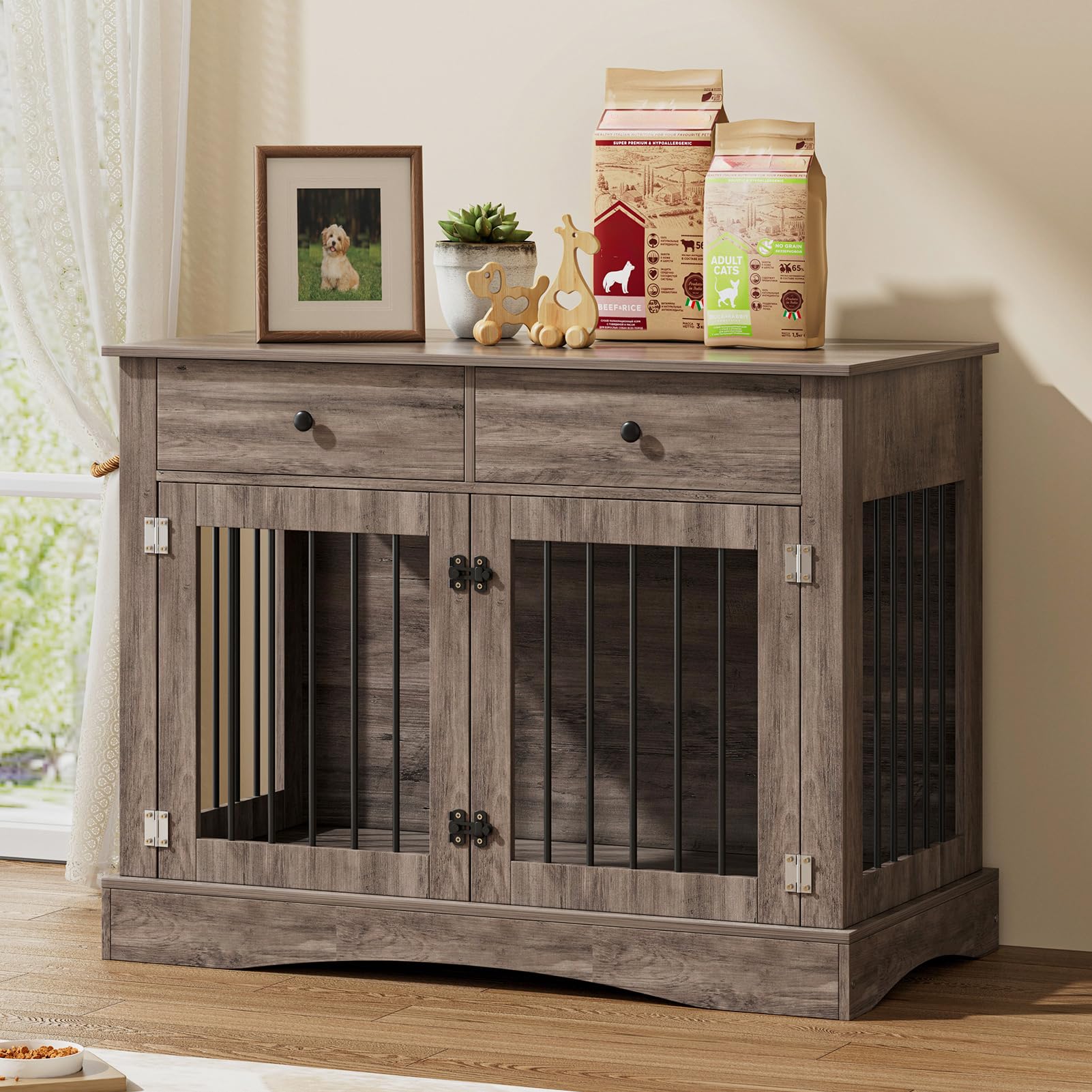 The Fellie Large Wooden Dog Cage, Dog Crate Furniture with Drawer Storage, Furniture-Style Wood Dogs House for Large Dogs, Lockable Pet House with Double Doors, End Table, 113x60x87.5cm, Brown