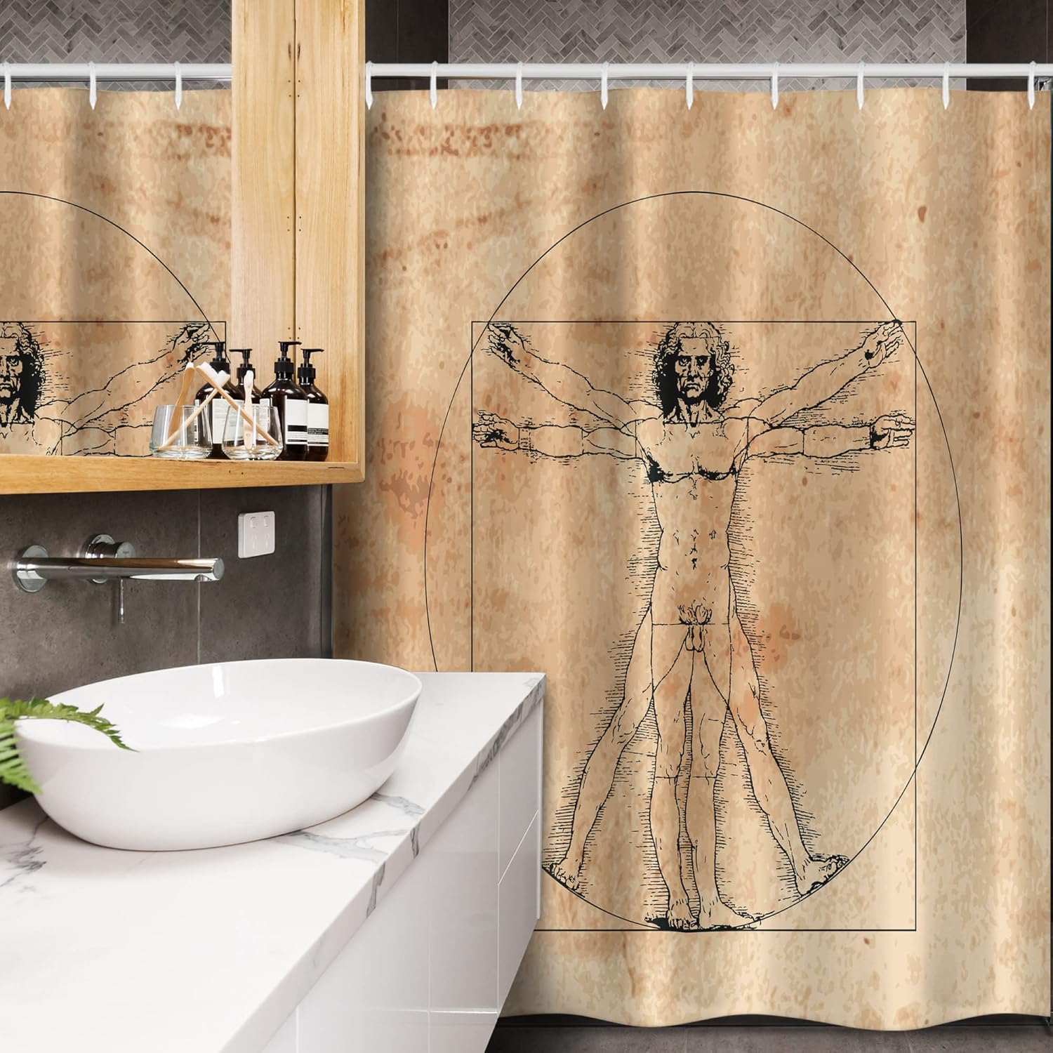Ambesonne Human Anatomy Stall Shower Curtain, Medieval Vitruvian Man Crosshatching Famous Italian Painting Renaissance Body Art, Fabric Bathroom Decor Set with Hooks, 54" W x 78" L, Sepia Brown Black