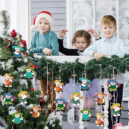 Miniatura 5 de Amyhill 24 adornos de madera de Navidad mexicana colgantes con diseño de muñeco de nieve, decoraciones mexicanas para árbol de Navidad con 2 cuerdas