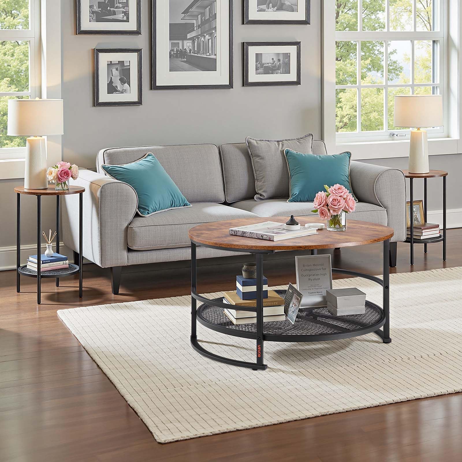 VEVOR 3-TLG. rundes Wohnzimmertisch-Set, (800 x 465 mm) Industrie-Couchtisch mit 2 runden Beistelltischen (40 x 60 cm), Sofatisch-Sets mit Metallbeinen, Satztische für Büro Wohnzimmer Wohnung