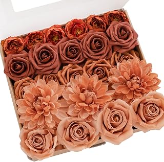 Ling's Moment 23pcs Amber & Terracotta Artificial Flowers: Realistic Silk Dahlia, Foam Roses & Peonies for DIY Wedding Bouquets, Centerpieces & Home Decor