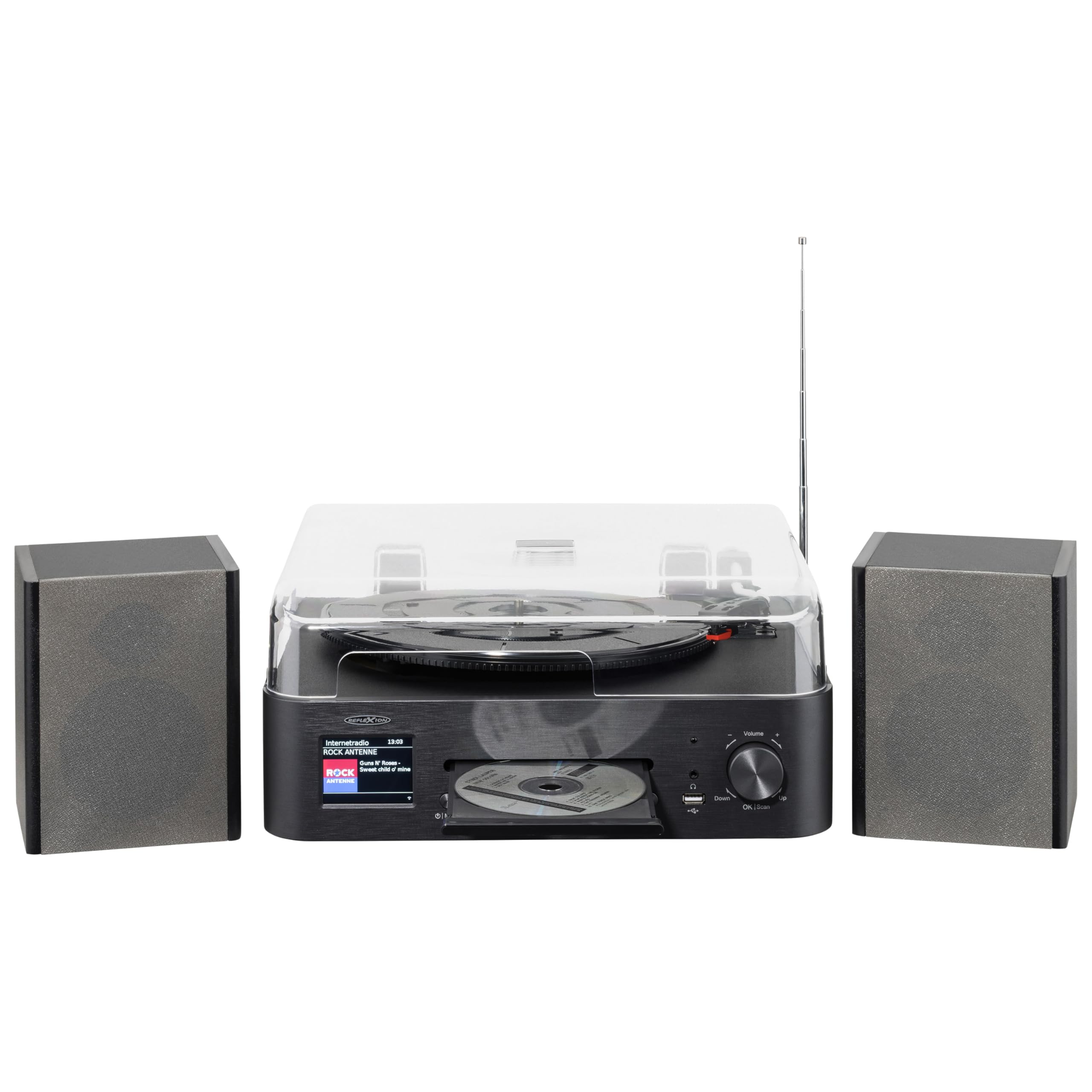 Reflexion Giradischi con altoparlante e WiFi, impianto HiFi retrò con DAB+, radio Internet, Bluetooth, CD, registrazione USB MP3, display a colori, sveglia e timer di sospensione, sistema completo con