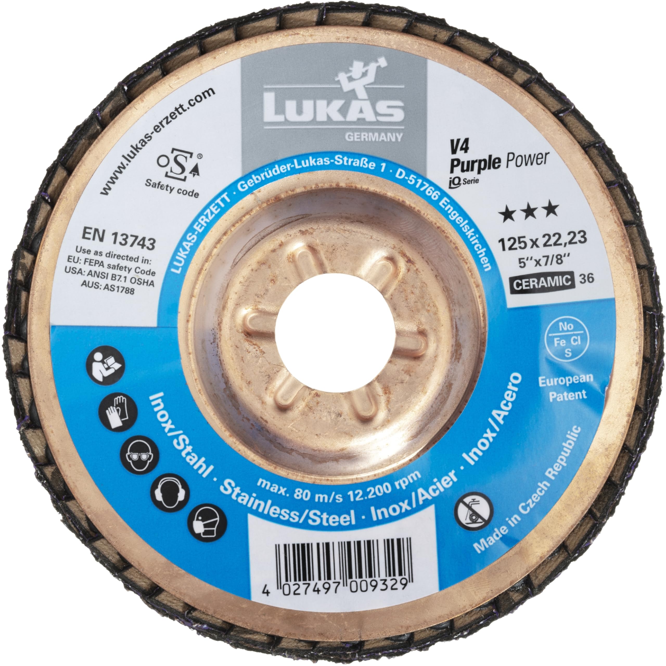 LUKAS-ERZETT - 5 dischi abrasivi a ventaglio V4 PURPLE-POWER universali, Ø 125 mm, grana in ceramica 36, obliqua, 13,5 x 12,5 x 13,5 cm