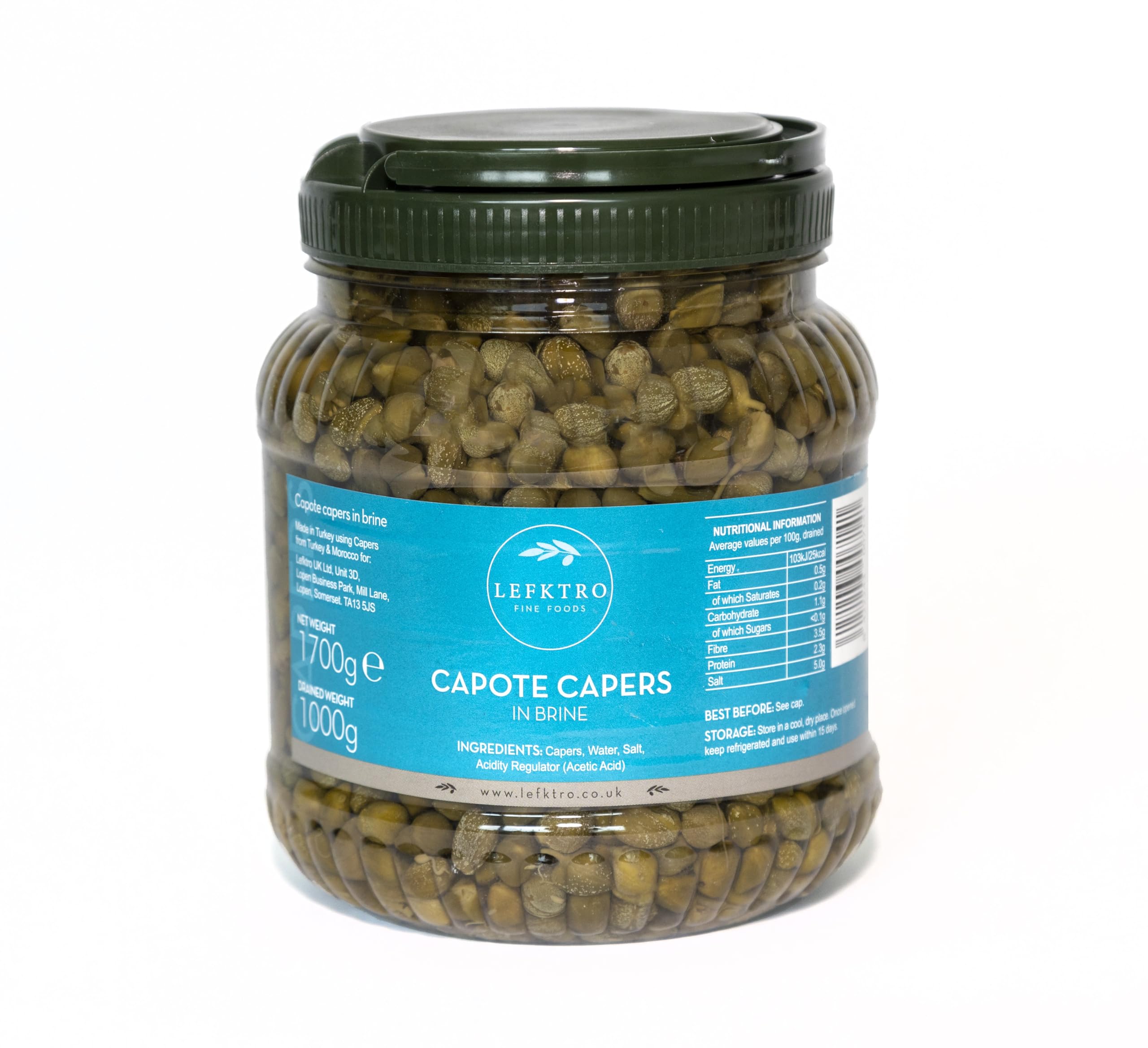 Lefktro Capote Capers in Brine – 1kg Drained Weight, Large 9-11mm, Gourmet Mediterranean Capers