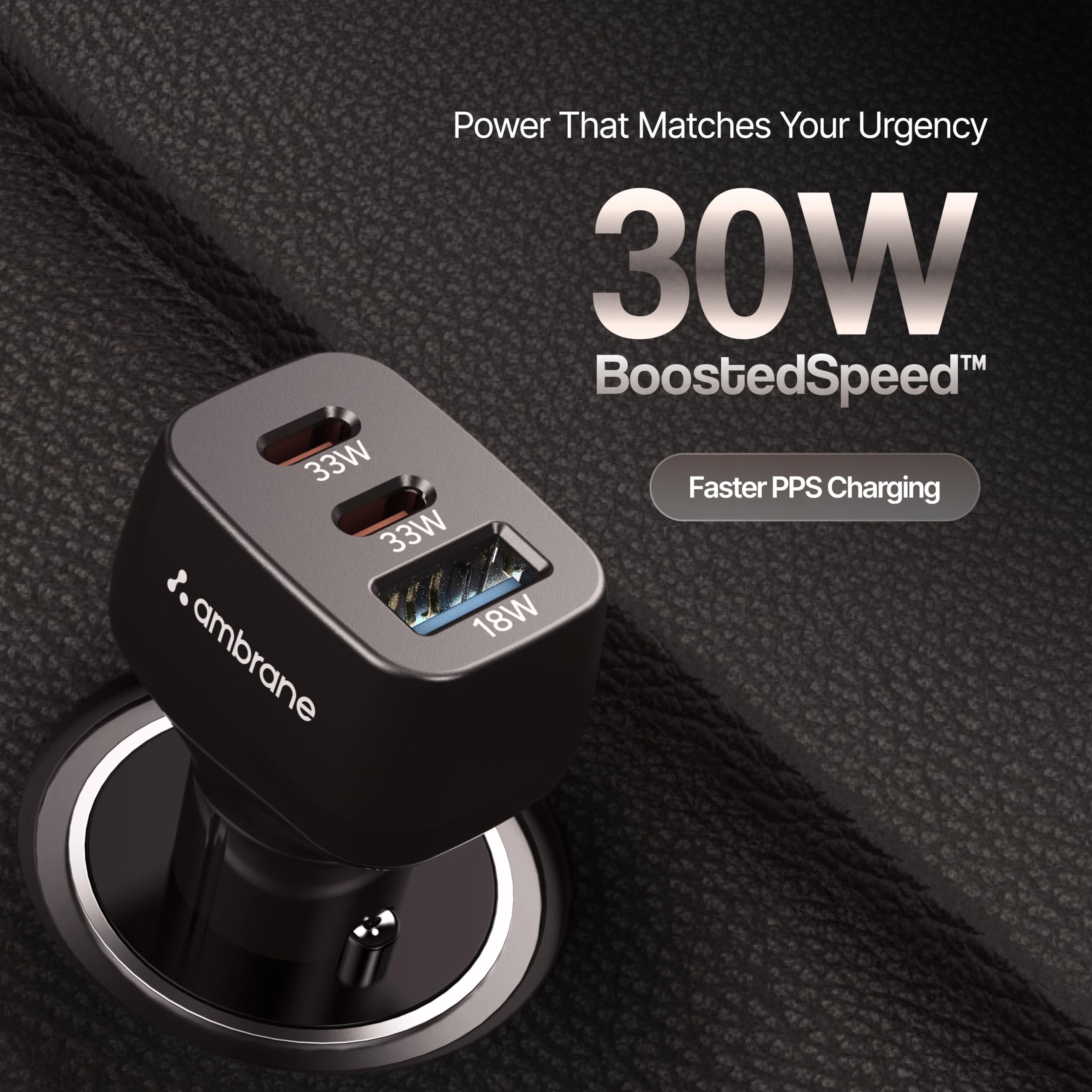 Ambrane 84W Triple Output Fast Car Charger with 2 Type-C & 1 USB, 33W Type C Charging with PD Technology, Fast Charging Adapter Compatible with Cars for iPhone & Android Smartphones (Charge C84,Black) — Amazon image 3