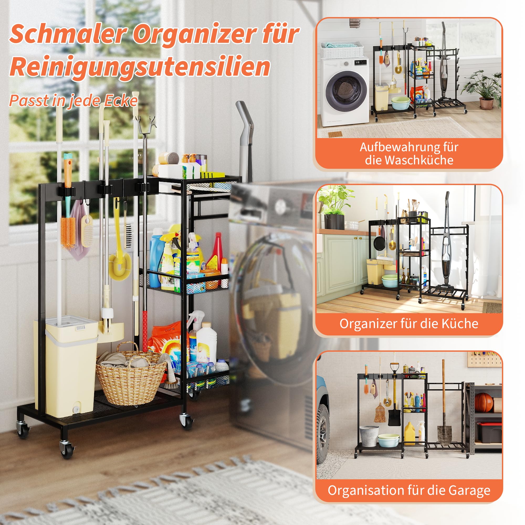 ohbien Mobiler Reinigungswagen mit Staubsaugerständer Mopphalter Besenhalter 85 × 101 × 30 cm