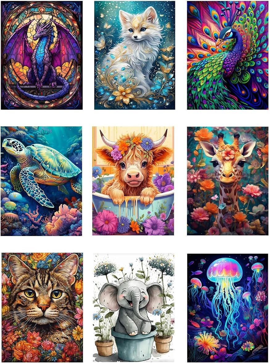 Beayiou Sdr-Animal-9P 9 Pack Animal Diamond Painting Kits For Adults，5D Diy Cow Elephant Dragon Diamond Art Kits For Beginners Round Full Drill Painting With Diamonds Gem Art For Home Wall Decor Gift12x16inch