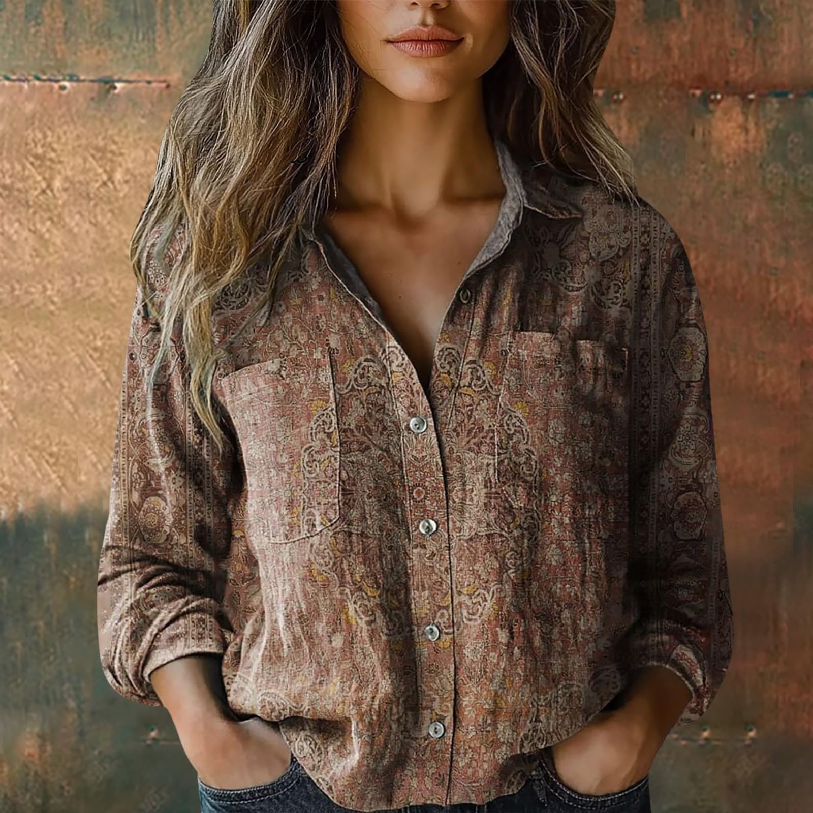 S-5XL Boho Tops for Women Long Sleeve Vintage Retro Floral Print Blouses Ladies Vintage V Neck Button Down Shirts