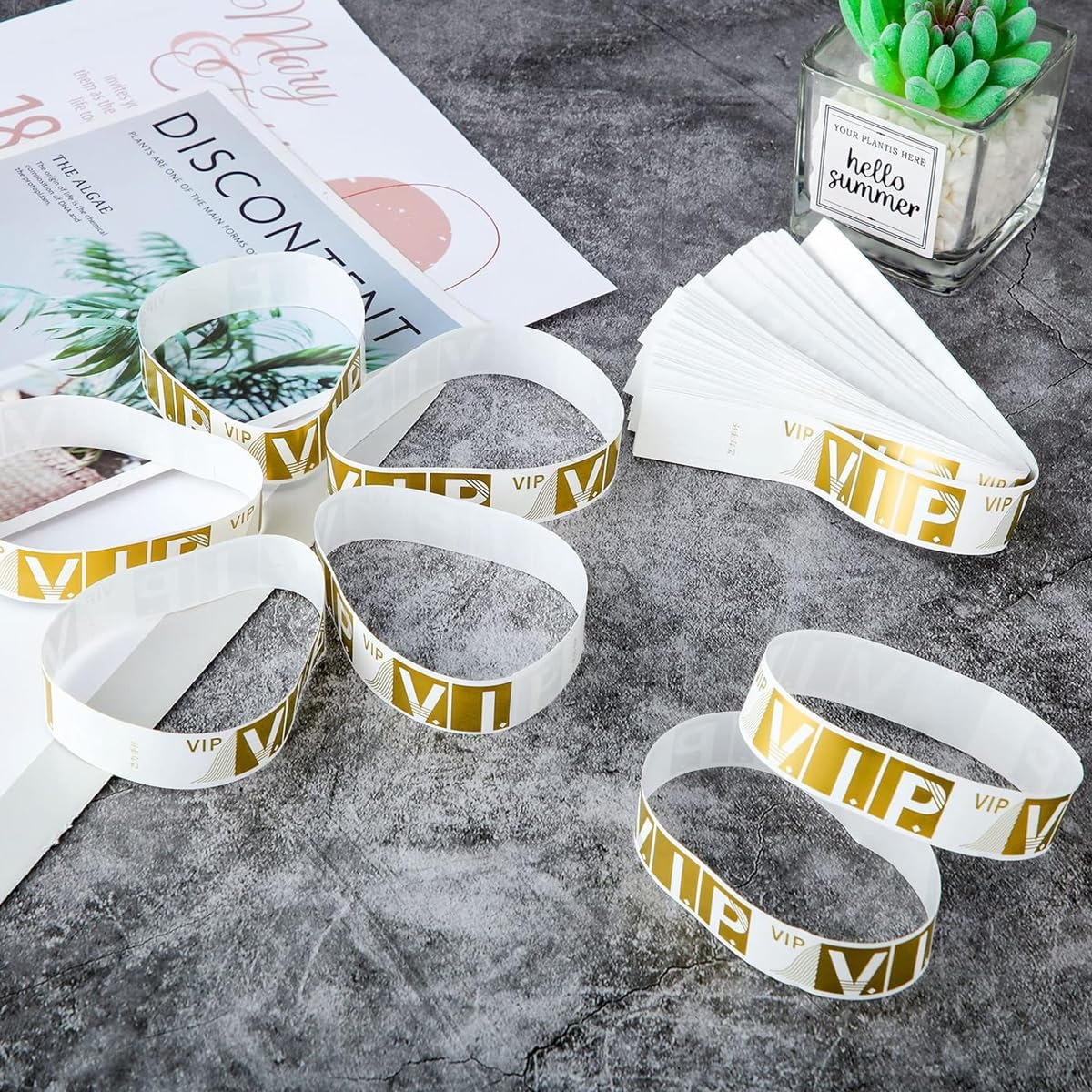 HASTHIP® 300 Pcs VIP Wristbands for Customers Waterproof Paper Bracelets Lightweight Event Wristbands for Party Concert Club Amusement Park Festivals, Gold, 300 Labels 2