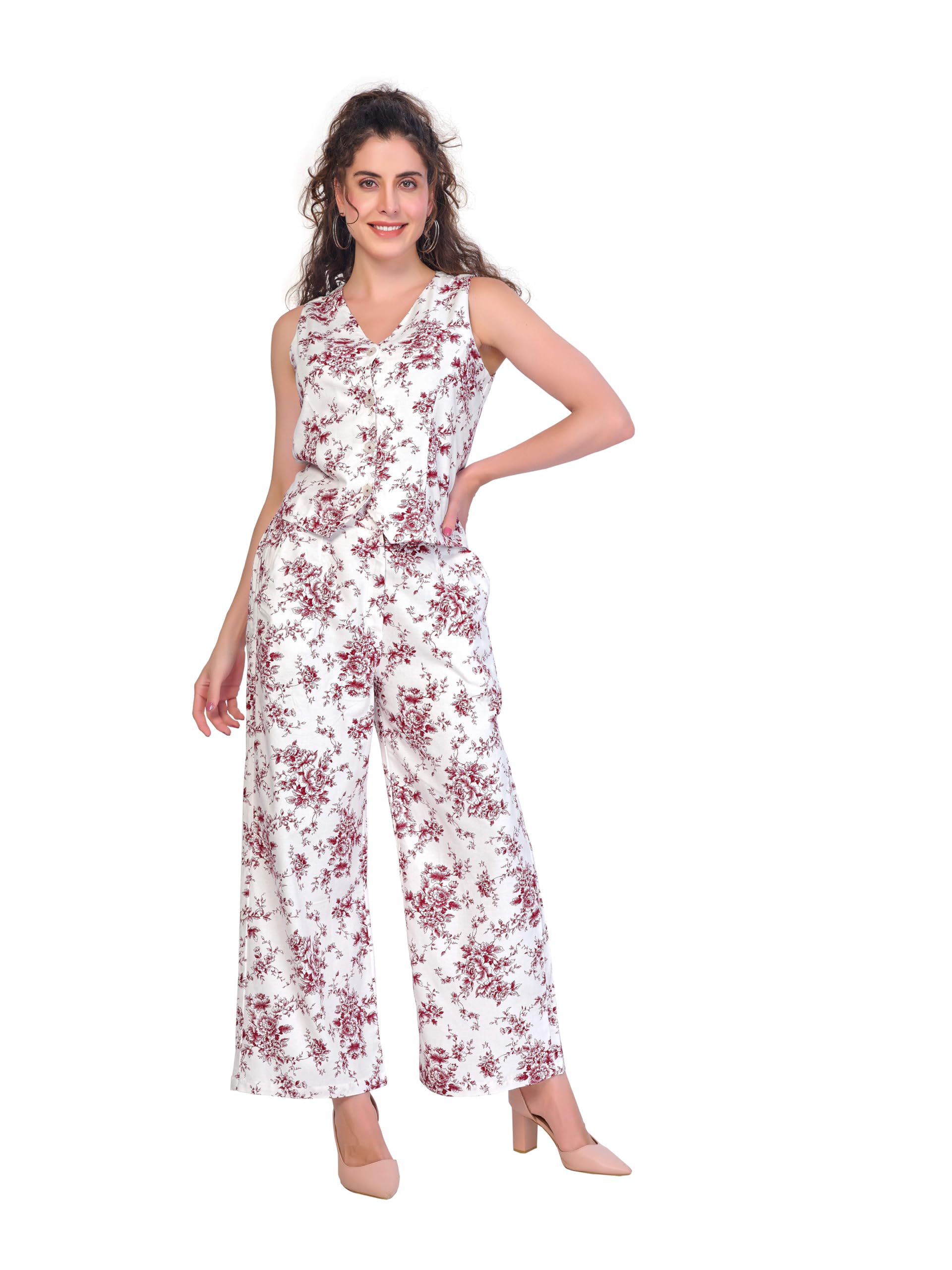 purple & pink Viscose Top and Pant Cord Set for Women - White | Comfortable and Relaxed Two Piece Combo Matching Co-ord Set | Casual Wear, Nightwear & Sleepwear-picture-43