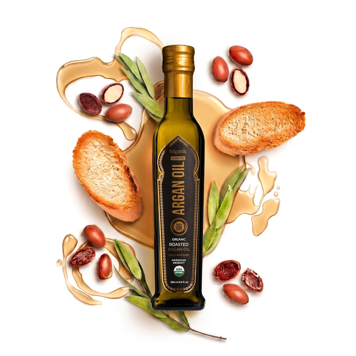 Organic Argan Oil, Cold Pressed, Extra Virgin, Vitamin E & Oleic Acid Rich from Morocco | Newly Harvested, Unprocessed from Atlas Mountains, UV Protected Bottle, (8.5 fl oz / 250 ml)