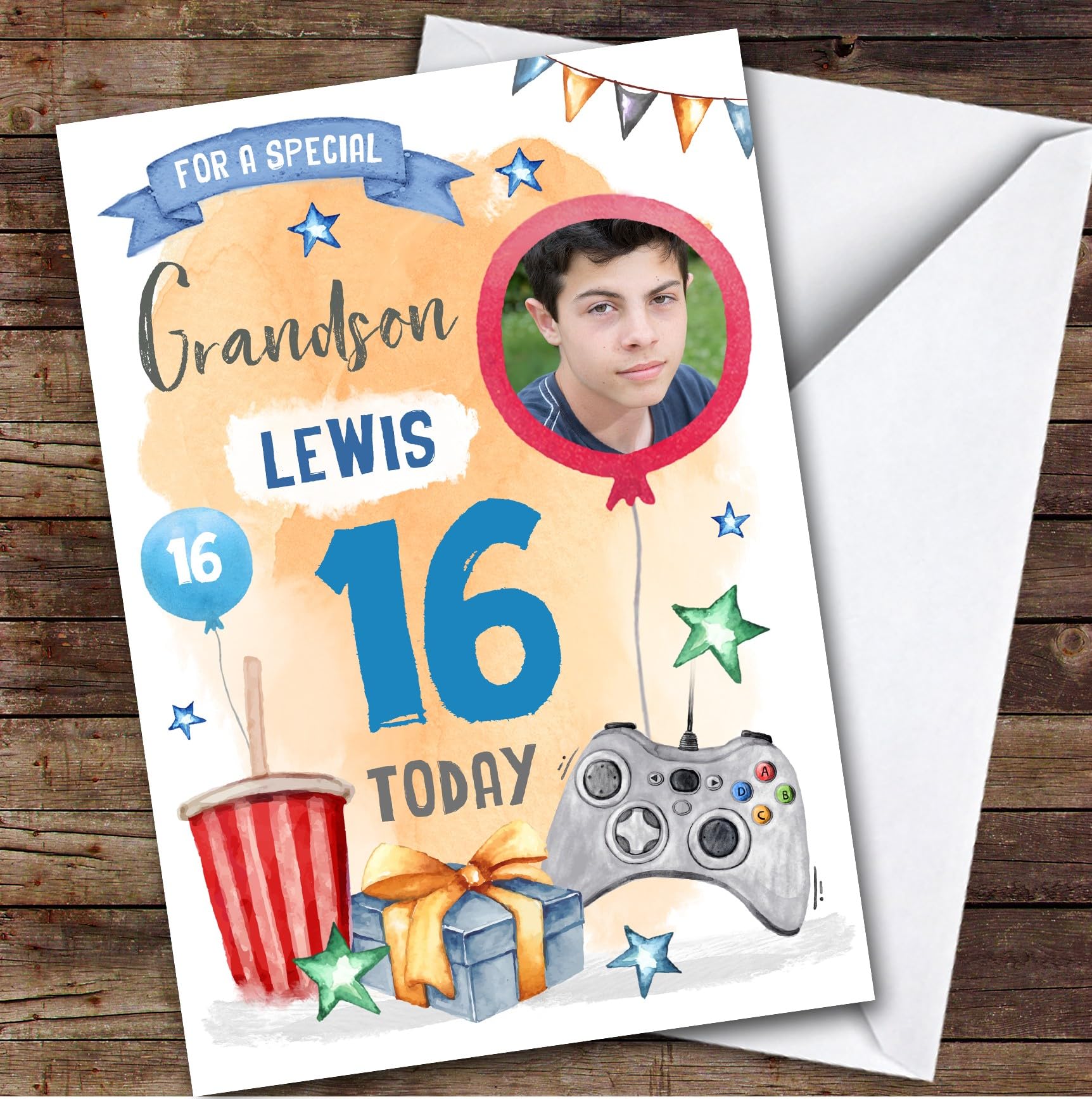Gaming Online Gamer Photo Grandson 16th Teenager Boys Personalised Birthday Card - Personalised Birthday Greeting Card for Kids, Custom Birthday Card