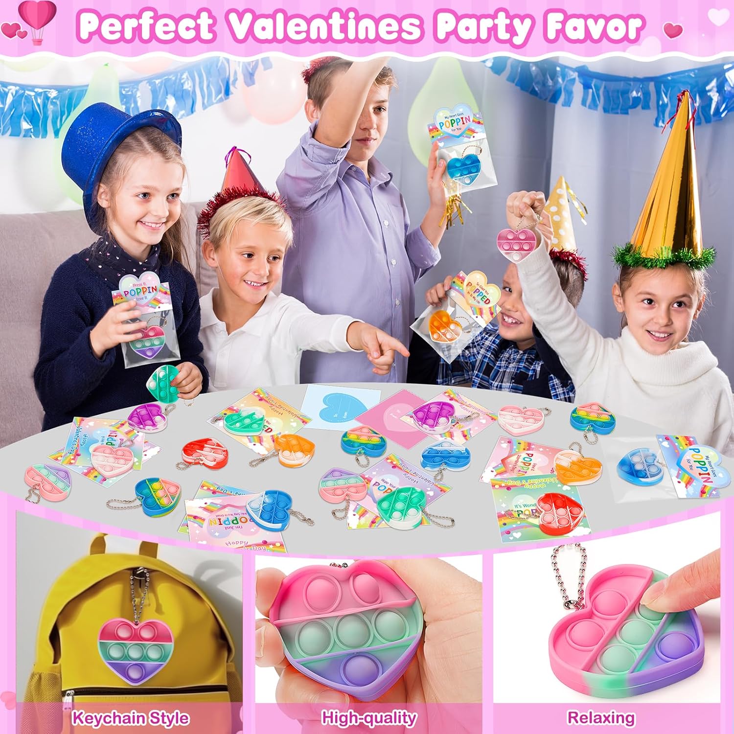 Valentines Day Cards for Kids School, 32 Pack Heart Shape Pop Fidget Toys with 8 Designs Valentines Cards, Ideal Exchange Prizes & Party Favors for Boys & Girls Classroom