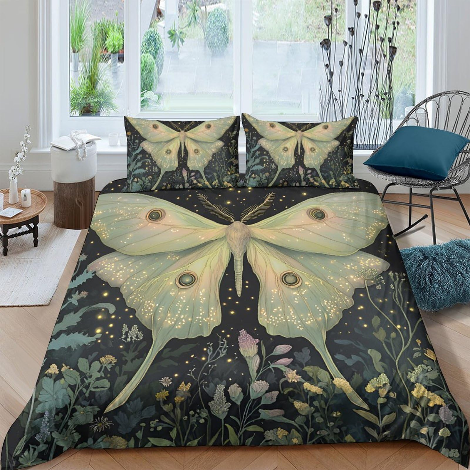 Ctjqhvkz Style-4 3D Printed Luna Moth Fitted Sheet Microfiber Soft Botanical Forest Mattress Cover Bedroom Decor Anti-Slip Washable Single（135X200cm）
