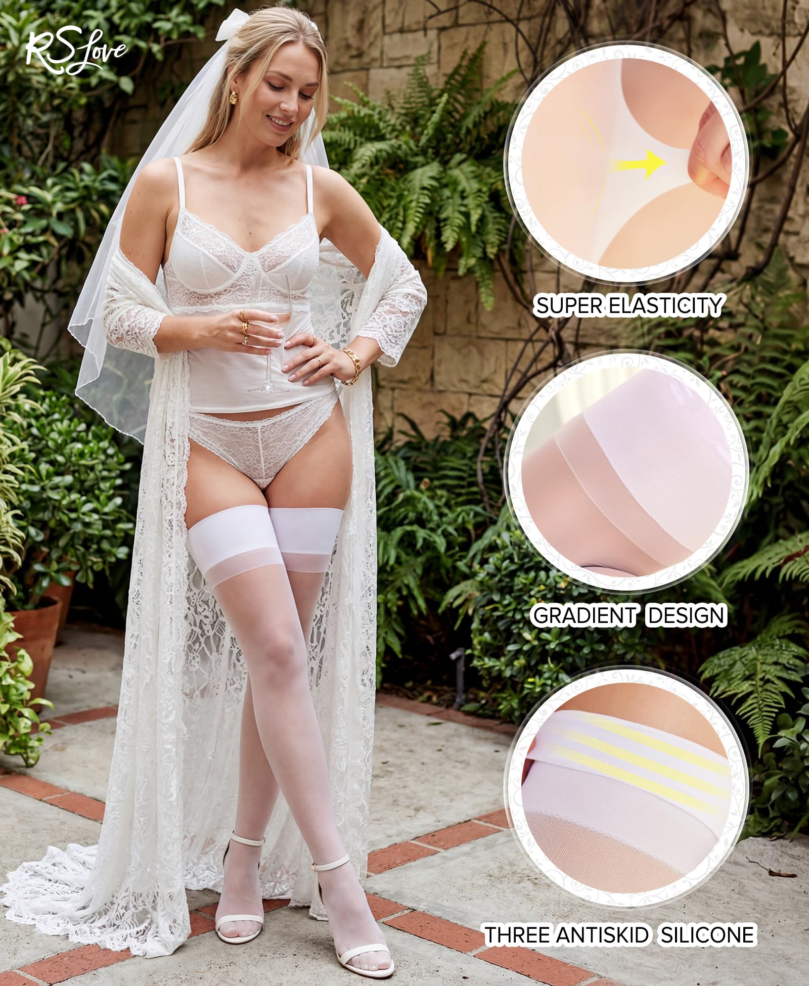 RSLOVE Damskie pończochy samonośne – seksowne pończochy z antypoślizgowym silikonem, eleganckie pończochy nylonowe do podwiązek