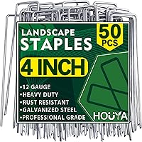HOUYA 50 Pack 4 Inch 12 Gauge Galvanized Landscape Staples - Rust-Proof Garden Pins for Weed Barrier, Irrigation Tubing, Lawn Fabric
