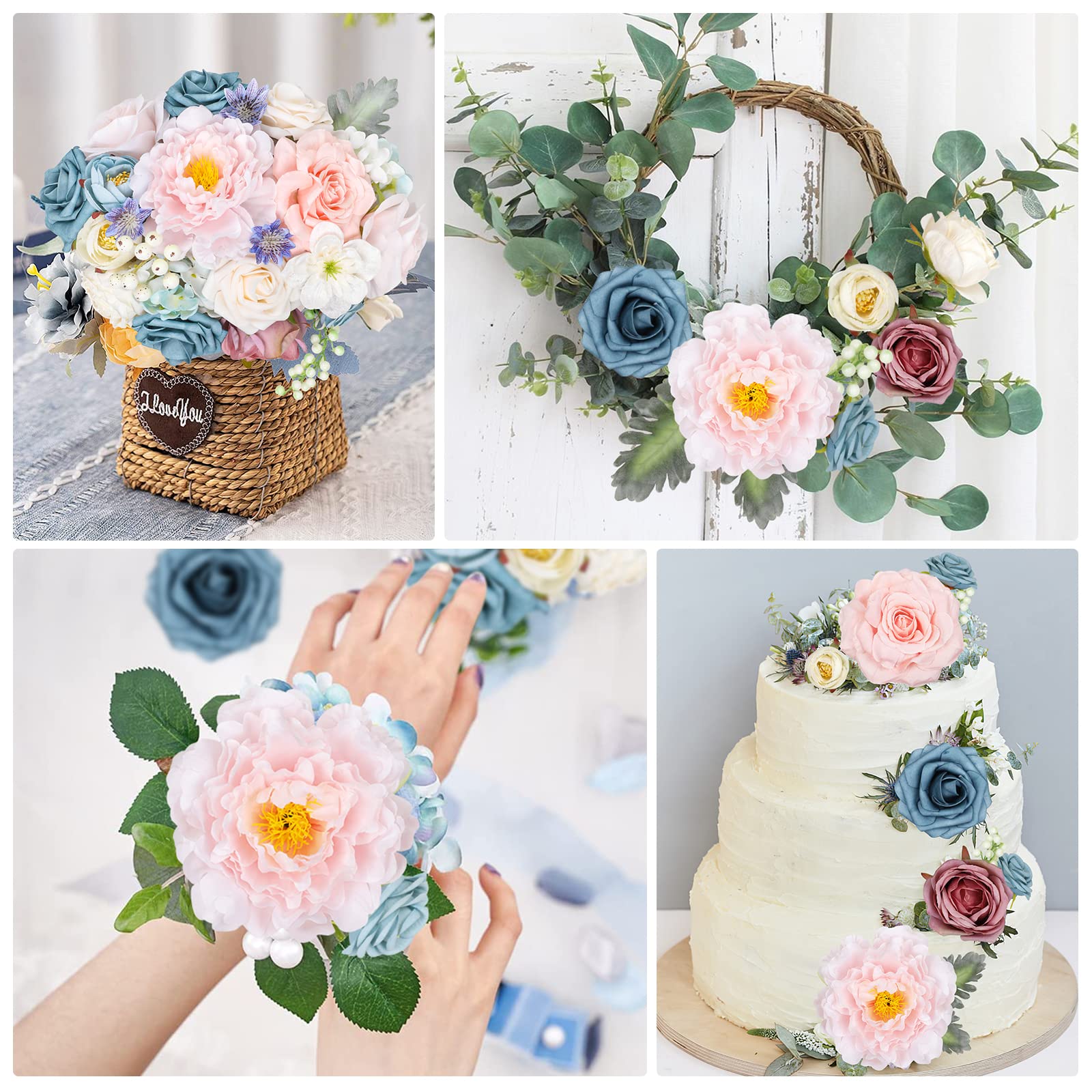 JARELING Arreglo Floral De Claveles De Rosas Artificiales Con Jarrón De Seda, Hortensias Rústicas Con Jarrón, 4 Racimos De Flores Para El Hogar, Cocina, Boda, Fiesta (morado