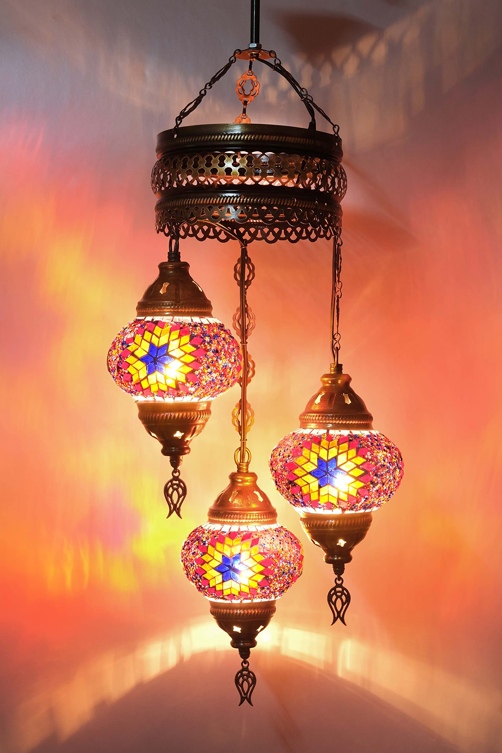Turkish Ceiling Lamp, Mosaic Pendant Lamp Turkish Chandeliers 3 Globe Moroccan Ceiling Lighting Art Deco Brillant Fixture, 5 inc Globe - Total Dimensions 14x14x35 inch (Orange)