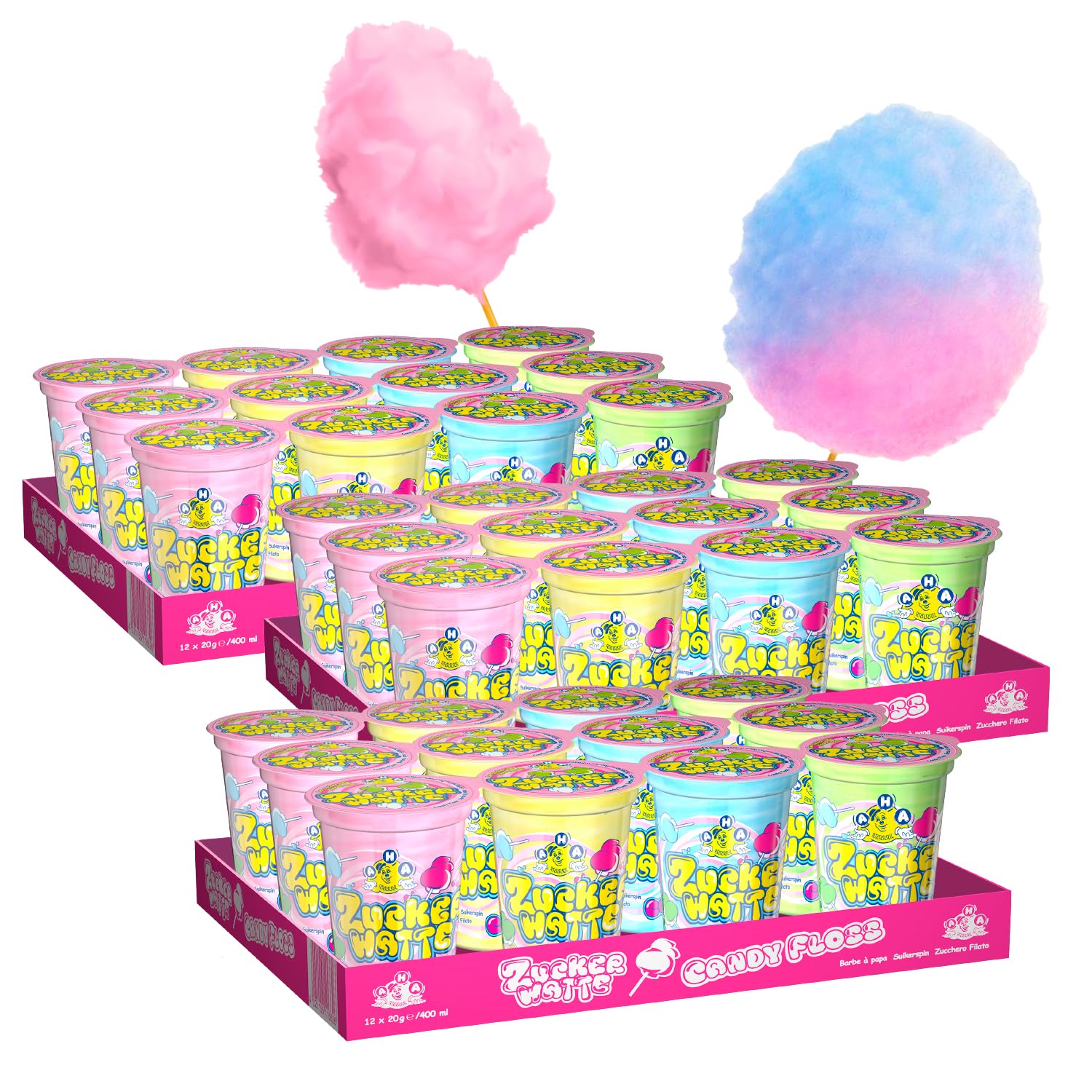 AHA Zucchero filato 4 varietà colorate, 36 x 20 g, in tazza, qualità premium, confezione di scorte, 4 gusti come al mercato annuale, per feste, casa, feste in giardino, celebrazioni