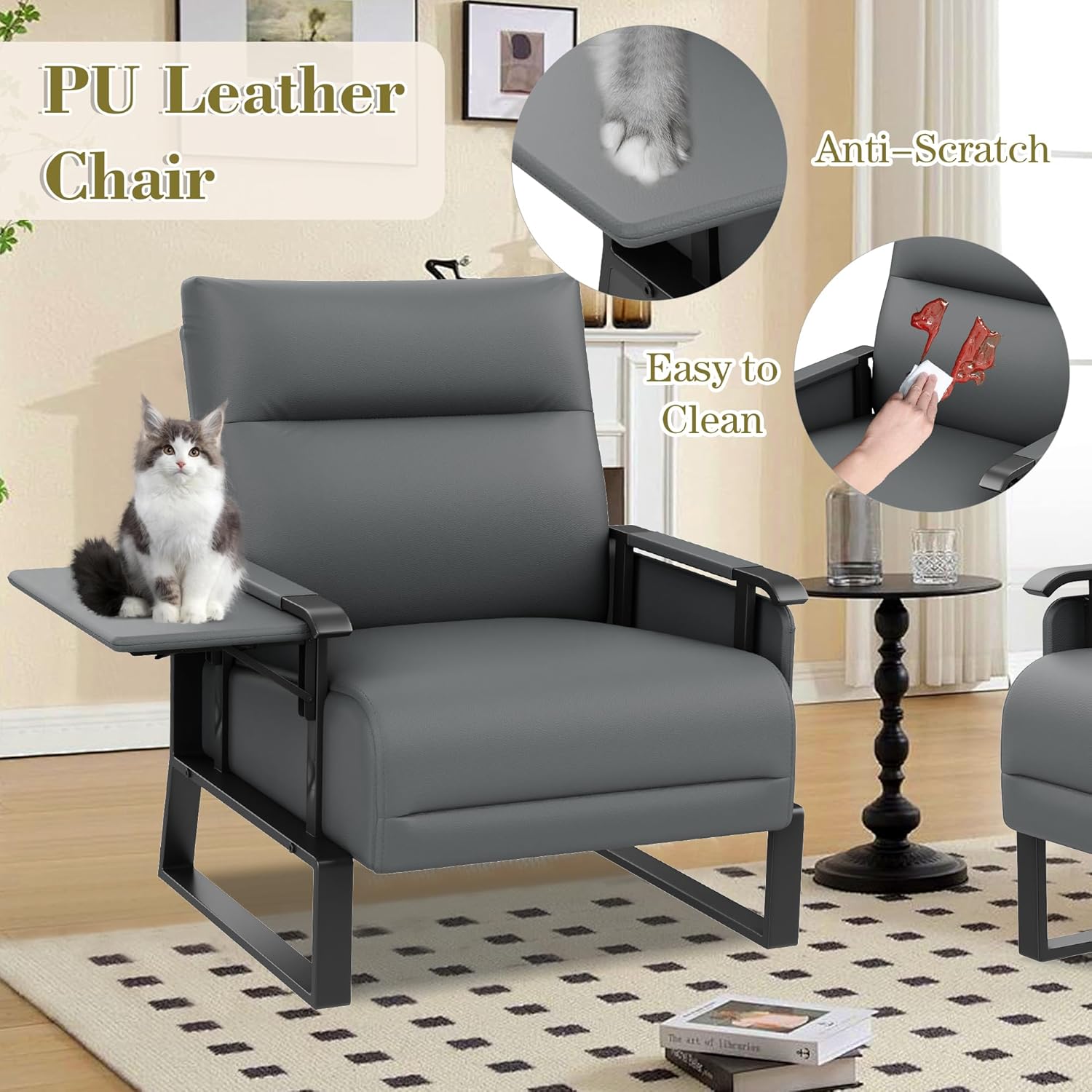 PU Leather Accent Chair Upholstered Armchair with Side Table for Bedroom Living Room Chairs Office Club Chair Grey