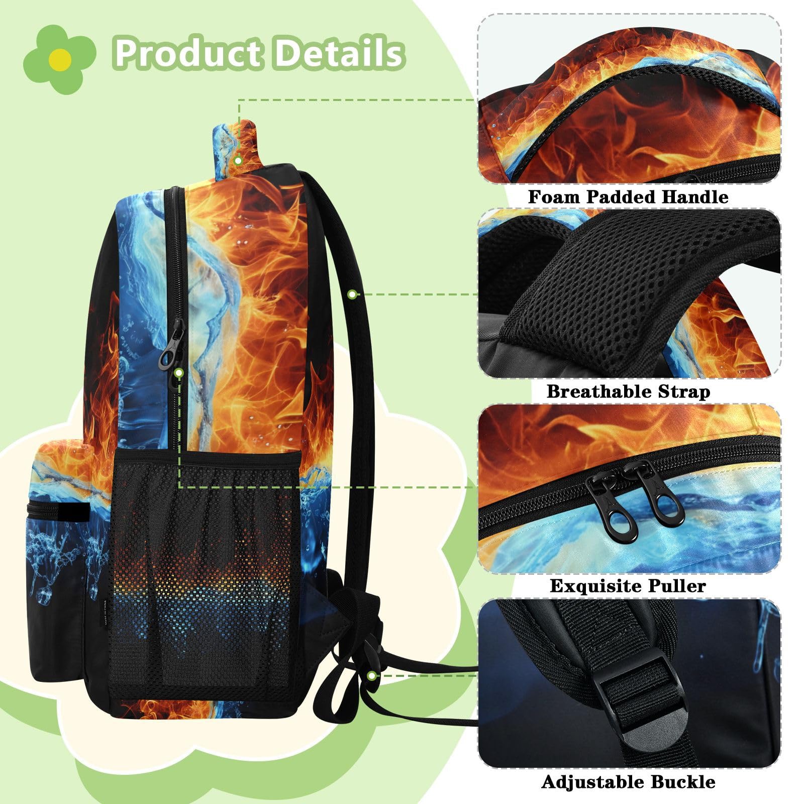 Mnsruu Zaino da viaggio per computer portatile, zaino impermeabile e leggero, per la scuola, per ragazzi, ragazze e adulti, Acqua Fuoco, M, Casual