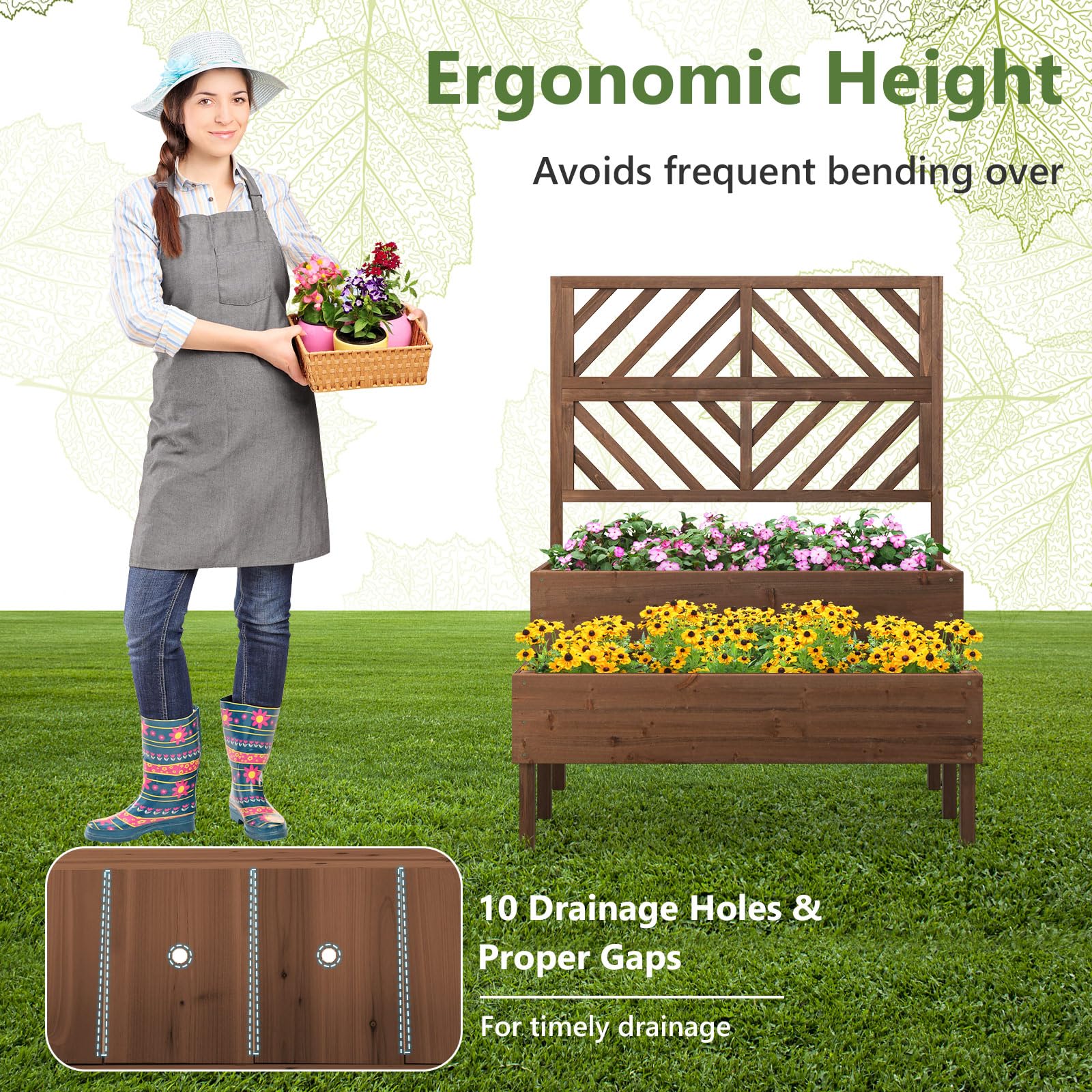 GOPLUS Cama Elevada de Jardín con Enrejado, Jardinera Exterior para Plantas Trepadoras de 2 Niveles, Enrejado de Jardín con Orificio de Drenaje, Huerto para Flores para Terraza Patio Balcón (Marrón)