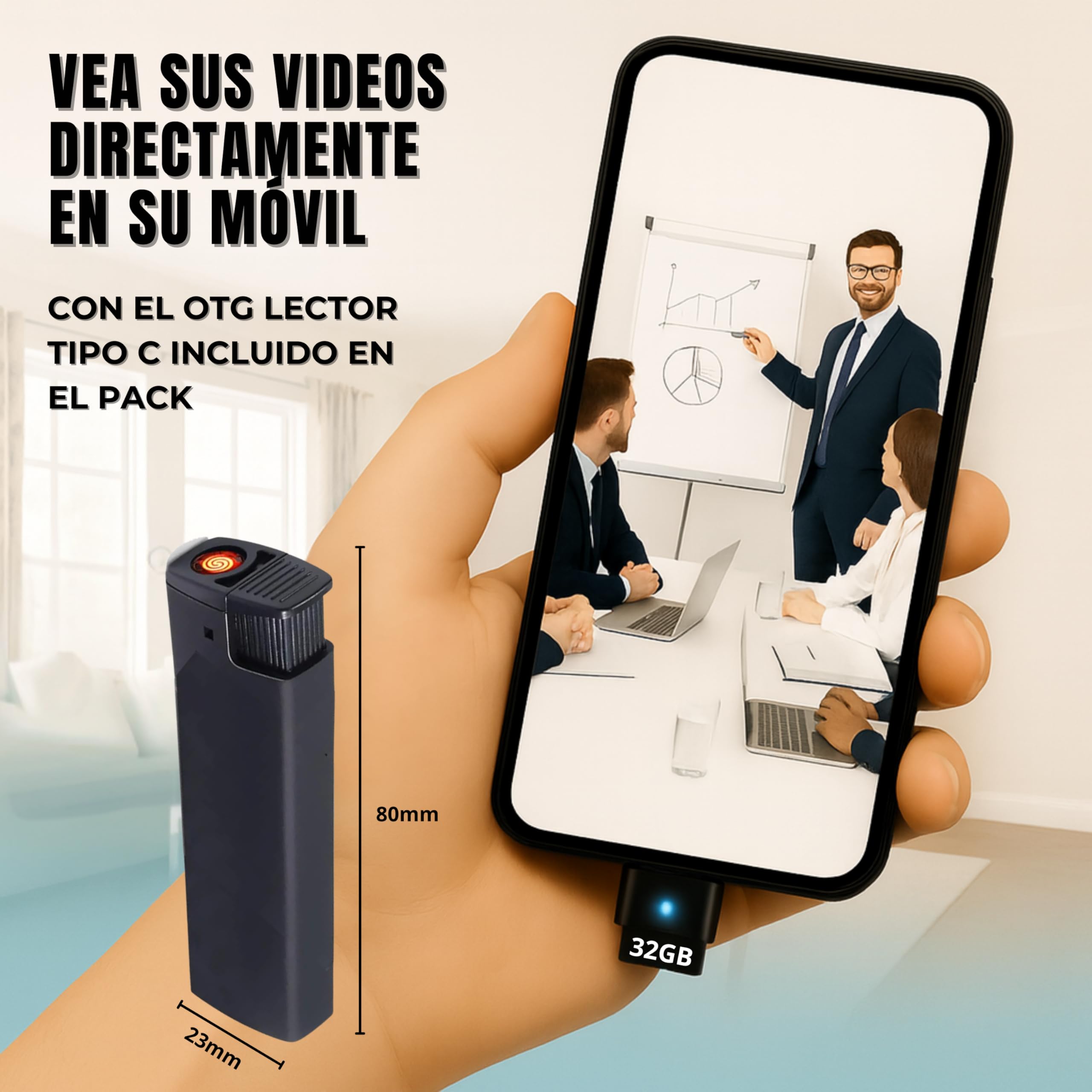 Mini Camara Espia Oculta Camuflada Mechero (TOTAL PACK con Tarjeta 32GB Lector y OTG Para el Móvil) Sin Agujero de Lente, Sin Luz al Grabar, 2 MP SuperHD, Grabación en Bucle, Plug and Play sin Wifi