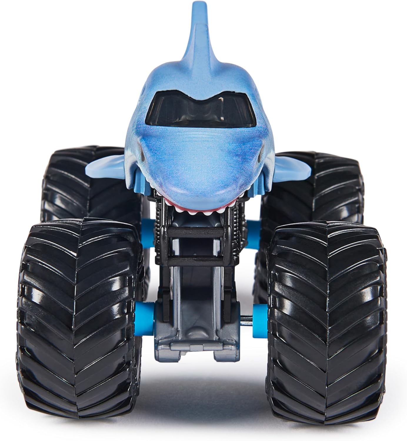 Monster Jam Megalodon Die-Cast Monster Truck, front view, showing the shark's open mouth design.