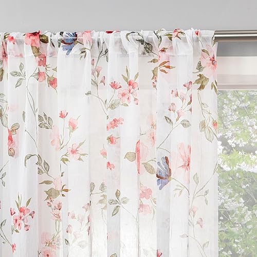 No. 918 Jenna Floral Print Crushed Sheer Voile Rod Pocket Curtain Panel, Coral, 51" W x 63" L (1 Panel)