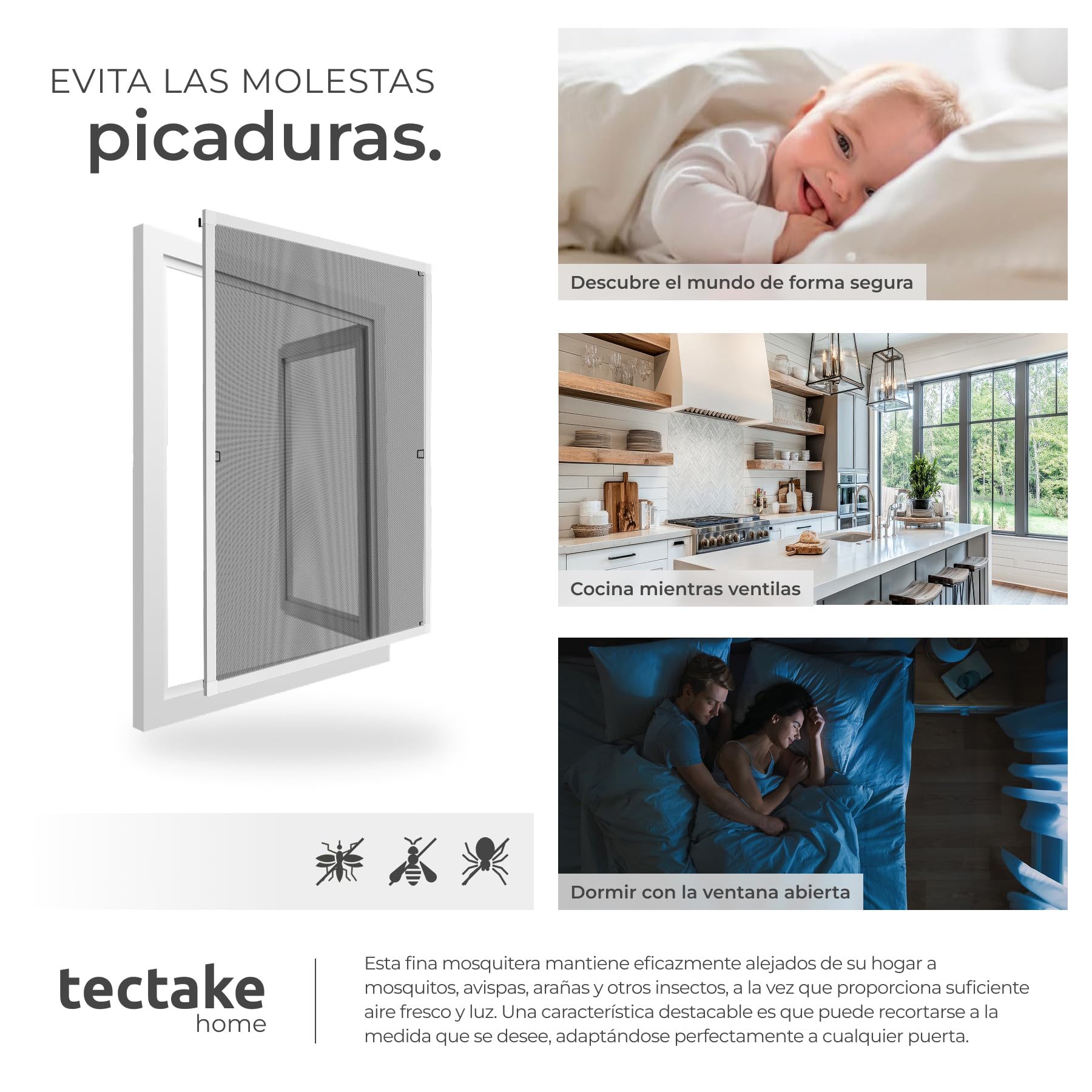 tectake® mosquiteras ventana, tela mosquitera, mosquiteras ventanas aluminio, red antimosquitos ventana, mosquitera ventana ajustable, resistente y transpirable - 100 x 120 cm Blanco