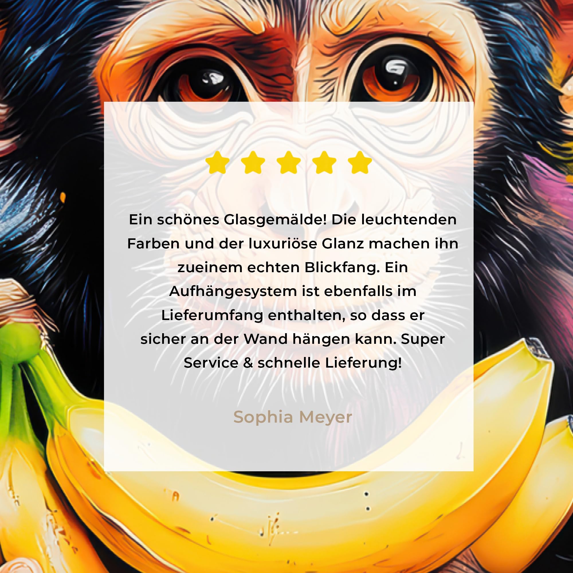 MuchoWow© Bild auf Glas 40x60 cm Schlafzimmer Bilder Badezimmer Wand Deko Wohnzimmer Modern Wanddeko Bilderwand Geschenk Affe - Graffiti - Bunt - Bananen - Modern