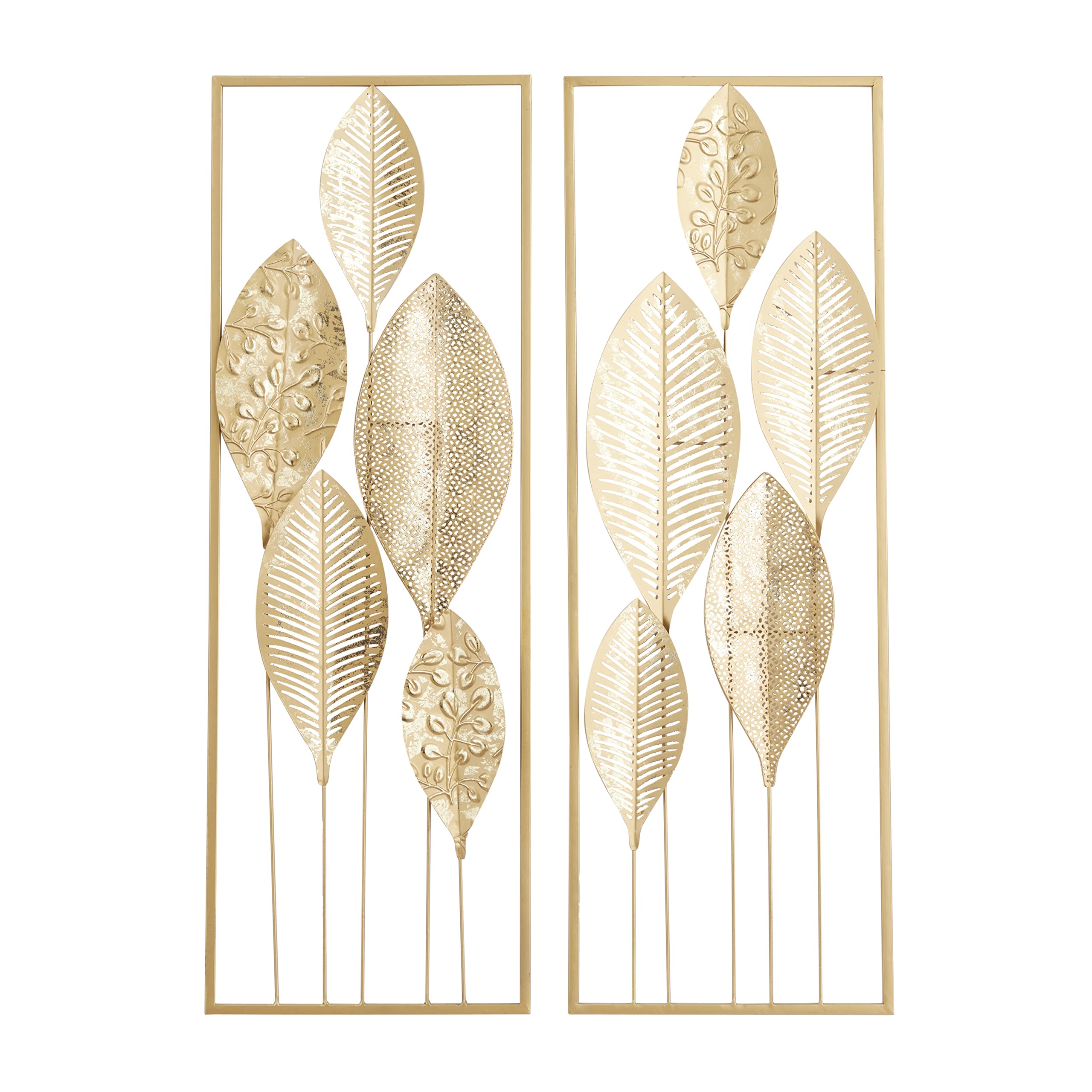 CosmoLiving by Cosmopolitan Metal Leaf Tall Cut-Out Wall Decor with Gold Frame, Set of 2 12"W, 36"H, Gold