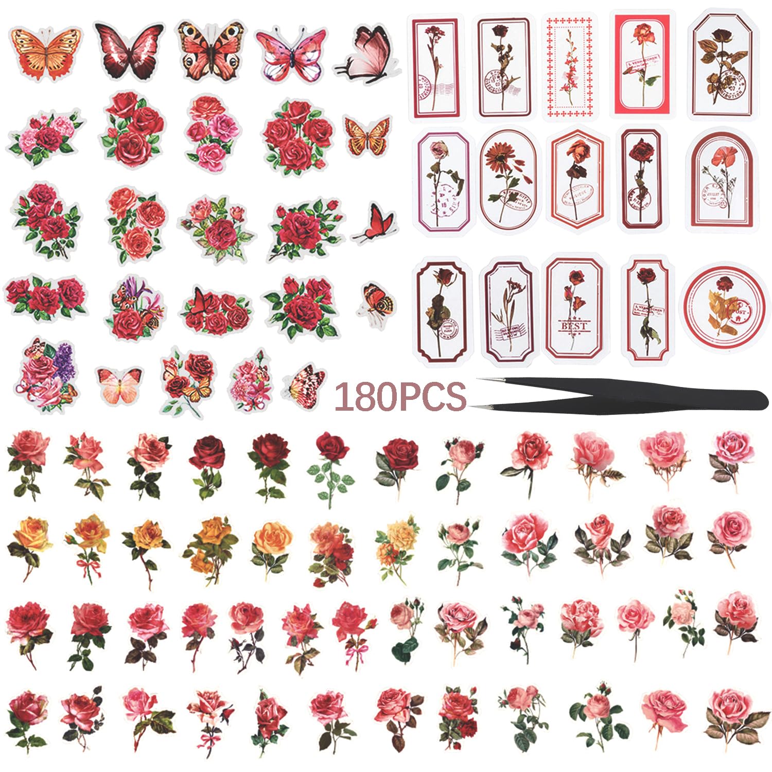 ZFKXGS 180PZ Flores Pegatinas Aesthetic Stickers Vintage Scrapbooking Materiales Transparente PET Pegatina de Decoración para Bullet Journal Diario Creación de Tarjetas Manualidades Calendarios Album