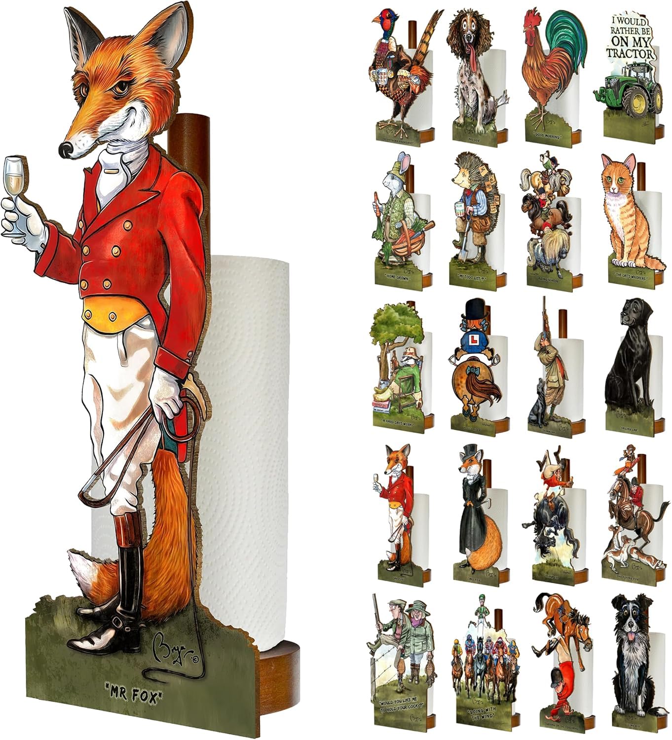 Looprints Mr Fox Fun Toilet Roll Storage & Kitchen Towel Holder Wooden Stand | Bryn Parry Equestrian Art | Novelty Kitchen & Bathroom Decor | This Design Is Sure To Impress With Style & Practicality.
