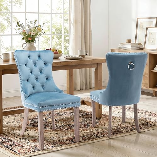 Miniatura 59 de Juego de 6 sillas de comedor de cuero, sillas laterales con respaldo alto, silla lateral tapizada moderna con anillo trasero de botón, patas de negro