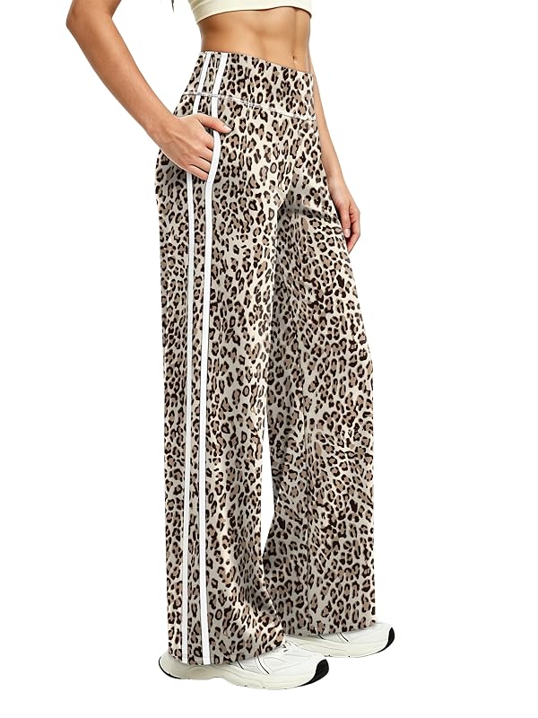Pantalones Alaroo para mujer de pierna ancha y cintura alta con bolsillos, sueltos y elásticos, casuales, entrepierna de 29 pulgadas, talla XX-Large, estampado de leopardo