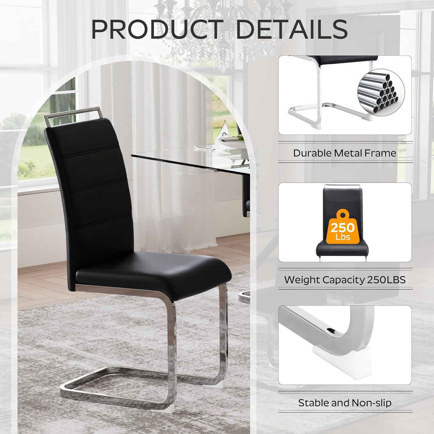 Baysitone Modern Dining Chairs Set of 4, PU Faux Leather High Back Upholstered Dining Room Side Chairs with Horizontal Stripe Backrest Design for Kitchen Living Room Black with Silver Legs