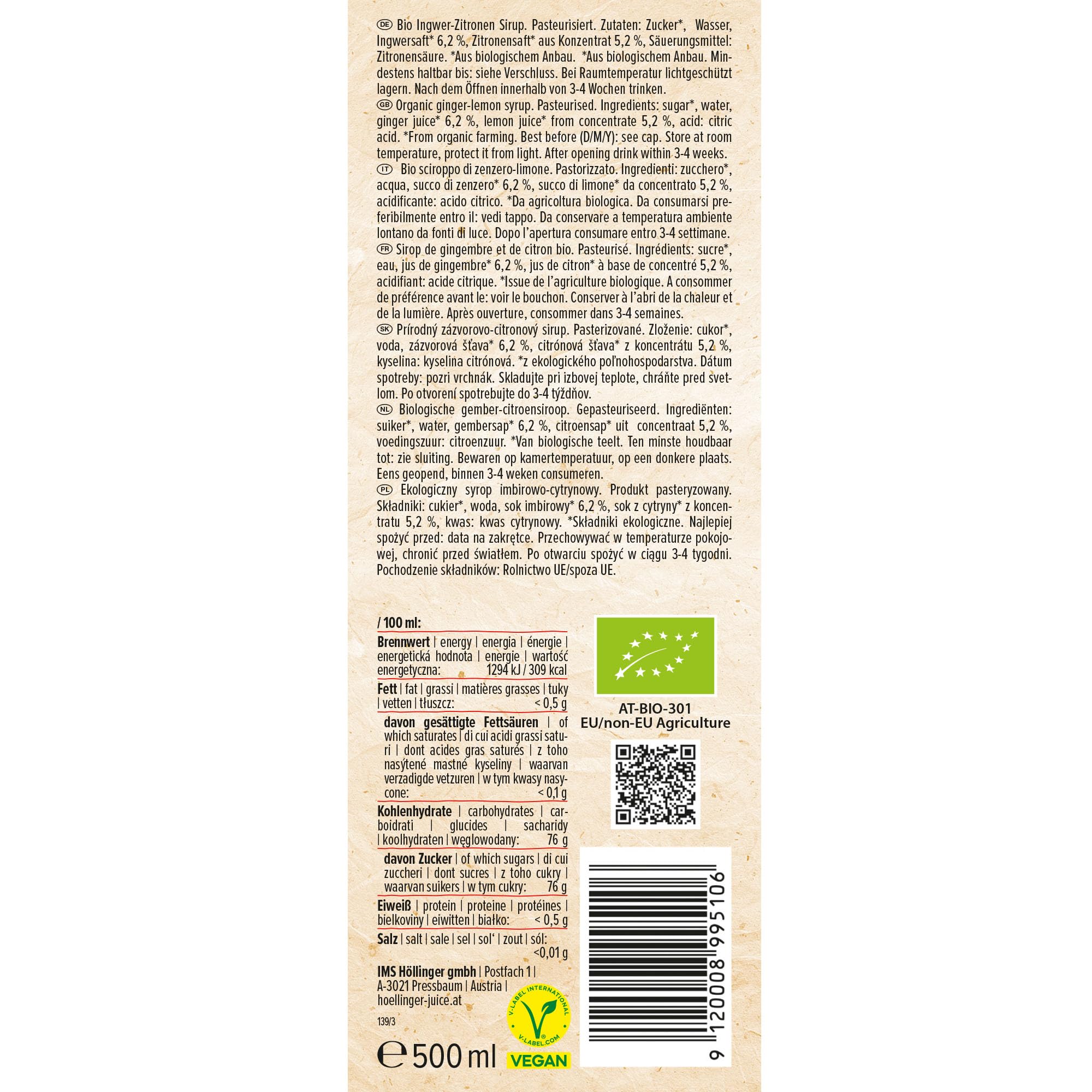 Sciroppo di zenzero biologico Höllinger - Organic Ginger Syrup, Vegan, 3x500ml Glass Bottle, Fresh and Spicy with Lemon Note